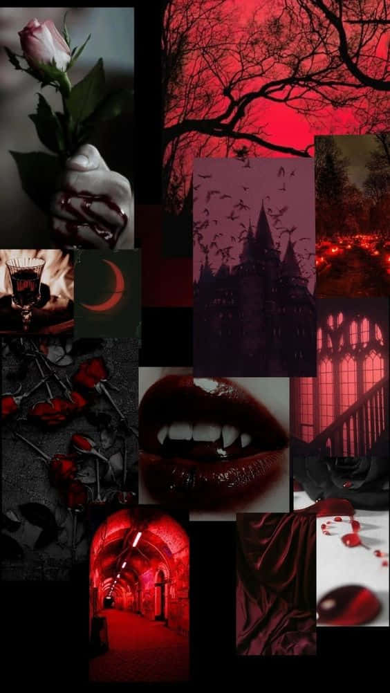 Vampire Aesthetic 桌布 壁紙 — 一個黑暗哥德式拼貼畫，包含血染的玫瑰、吸血鬼尖牙和在不祥天空下紅光閃耀的城堡。