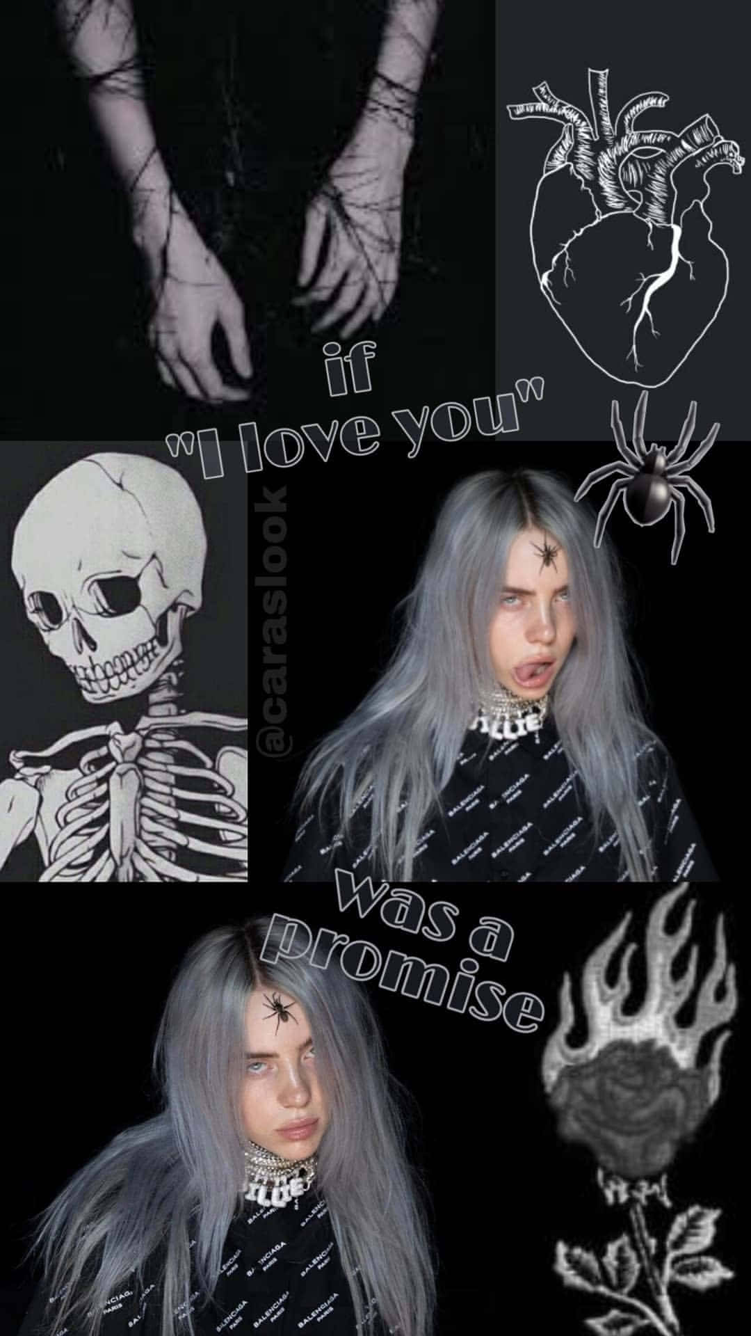 Aesthetic Black 桌布 壁紙 — 一個黑暗哥德式拼貼畫，描繪一個蒼白頭髮的人、骷髏圖像、蜘蛛和一朵燃燒的玫瑰，背景為黑色。