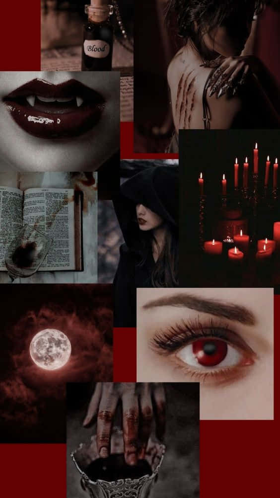 Vampire Aesthetic 桌布 壁紙 — 一個黑暗哥德式拼貼畫，特色是血紅嘴唇、吸血鬼尖牙、月光照耀的天空、女巫的眼睛，以及深紅背景下的燭光場景。
