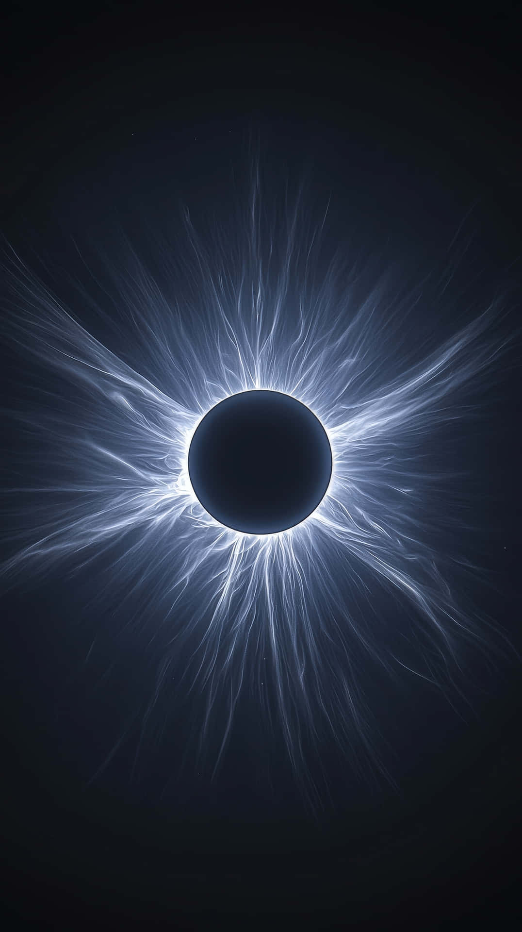 Breathtaking eclipse with radiant light corona 壁紙 — 一個黑暗天體在深邃的黑色虛空背景下，遮蔽了由電藍色絲狀物組成的耀眼日冕。