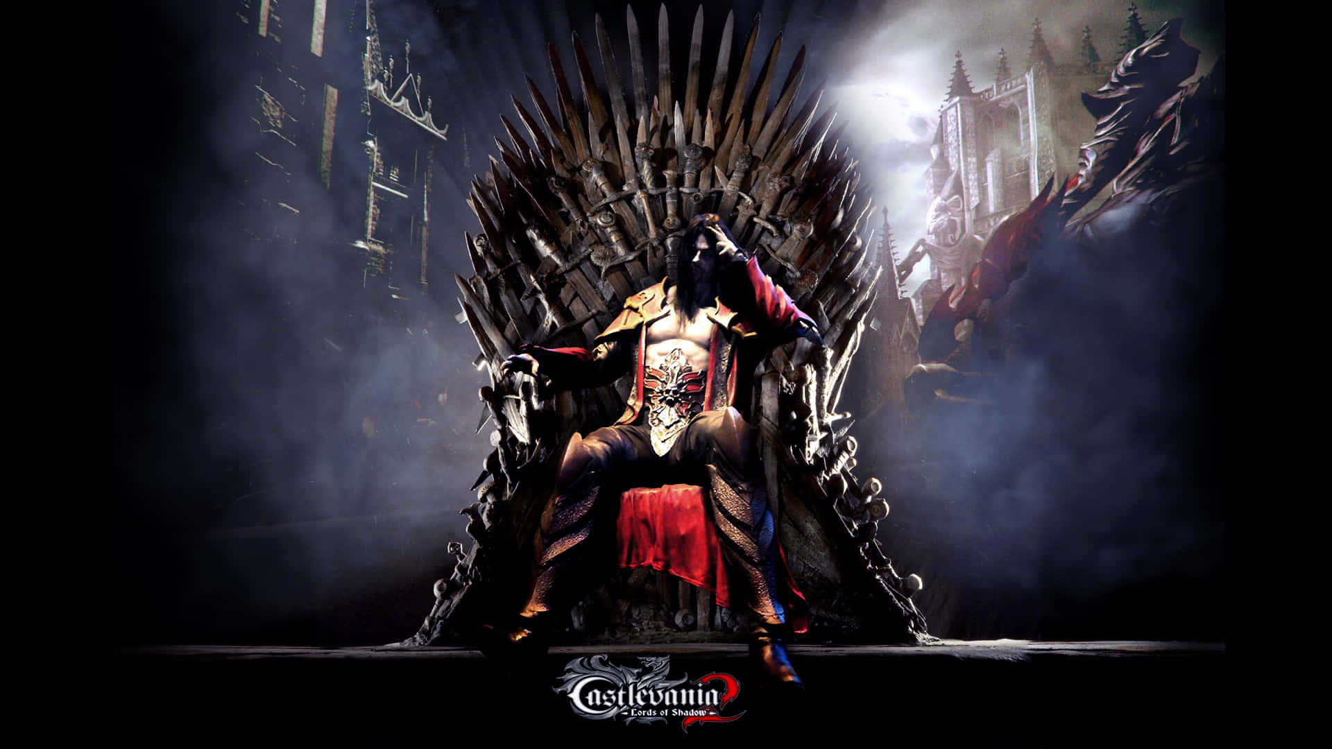 Castlevania 桌布 壁紙 — 一個黑暗奇幻人物坐在由劍鑄成的王座上，月光下是哥德式建築。