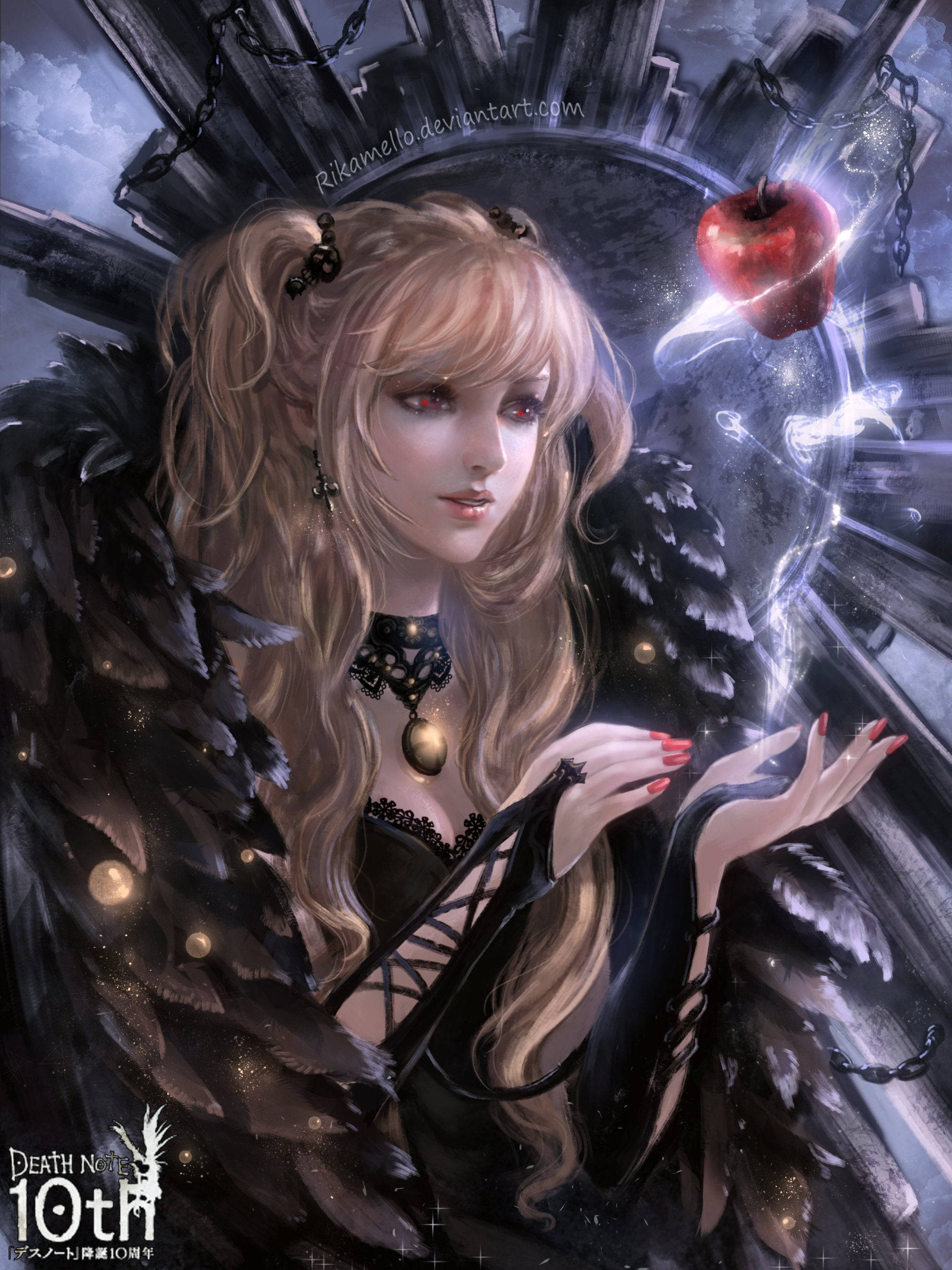 Misa 桌布 壁紙 — 一個黑暗奇幻動漫女孩，擁有天使翅膀和紅色眼睛，在哥德式城堡背景下拿著一個發光的紅蘋果。
