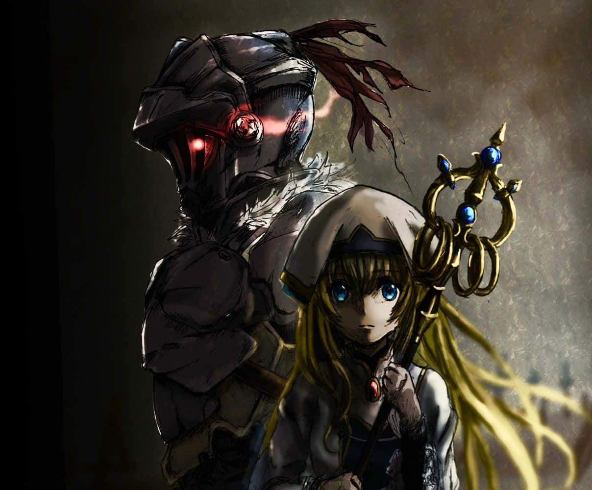 Goblin Slayer 桌布 壁紙 — 一個黑暗奇幻動畫場景， featuring 一個戴面具的戰士，眼睛發出紅光，還有一個藍眼睛的年輕女孩拿著金色法杖。