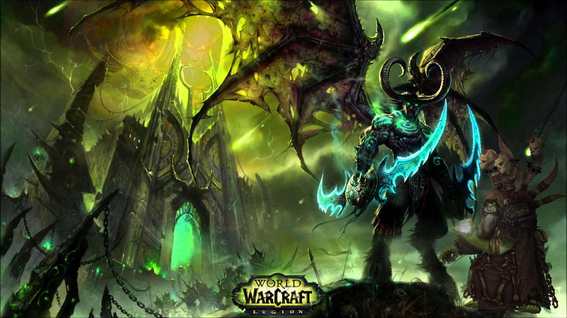 魔獸世界 桌布 壁紙 — 一個黑暗奇幻場景，一個惡魔般的人物手持發光的藍色刀刃，站在風暴天空下一個搖搖欲墜、發出綠光的堡壘前。