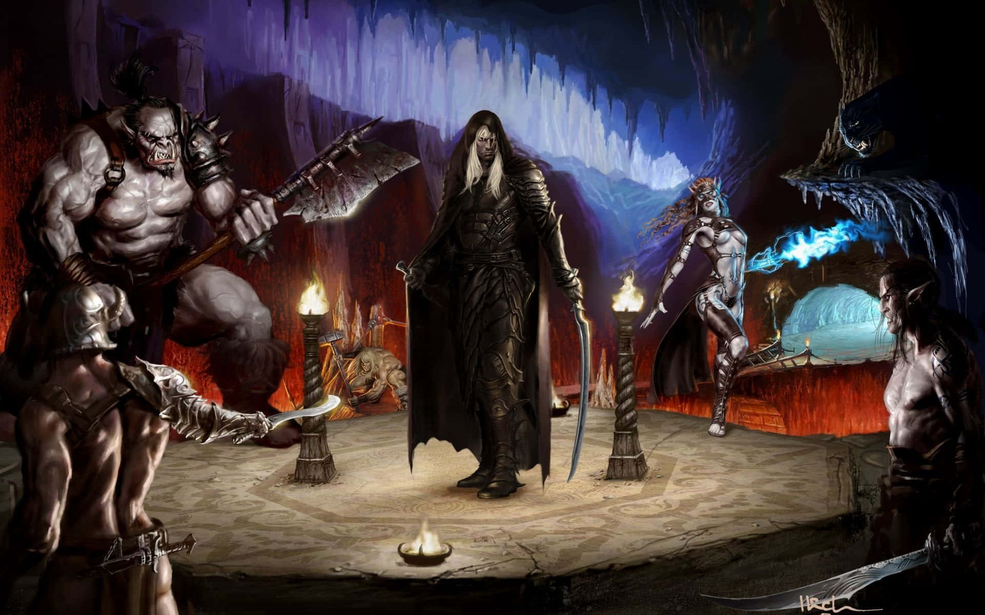 Dungeons And Dragons 桌布 壁紙 — 一個黑暗奇幻場景，一個高大的盔甲人物站在一個洞穴般的王座廳中，周圍環繞著威脅性的生物和發光的火炬。