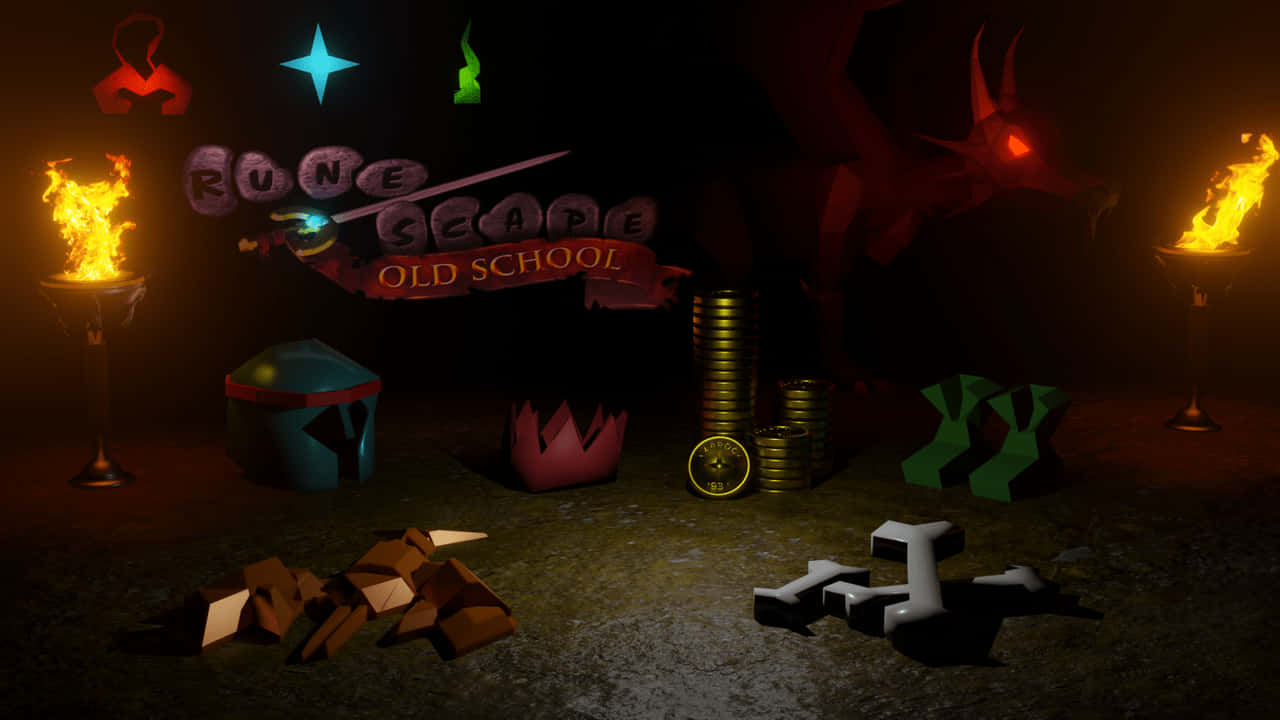 電玩遊戲 桌布 壁紙 — 一個黑暗奇幻場景，以RuneScape Old School標誌為特色，周圍環繞著發光的火炬、硬幣和低多邊形遊戲物品。
