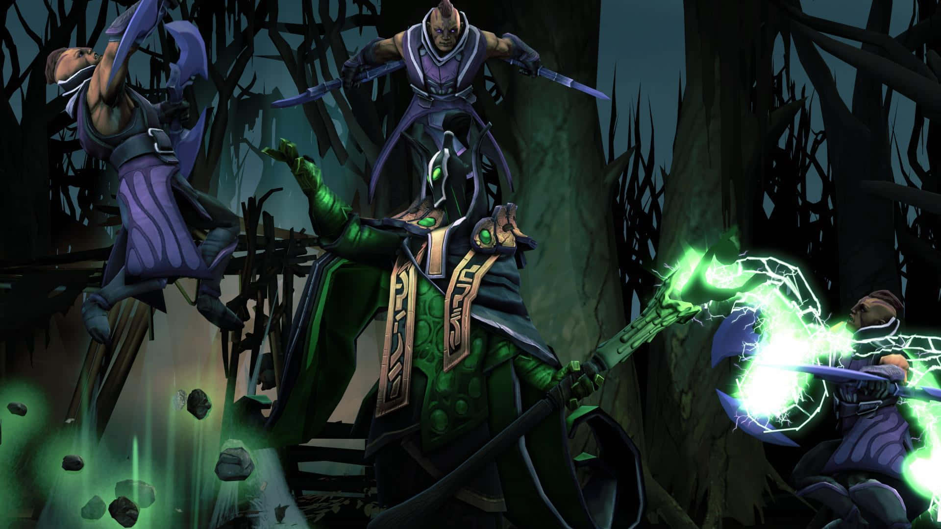 Rubick 桌布 壁紙 — 一個黑暗奇幻場景，綠色長袍的巫師在扭曲的森林中向紫色戰士揮舞閃電。