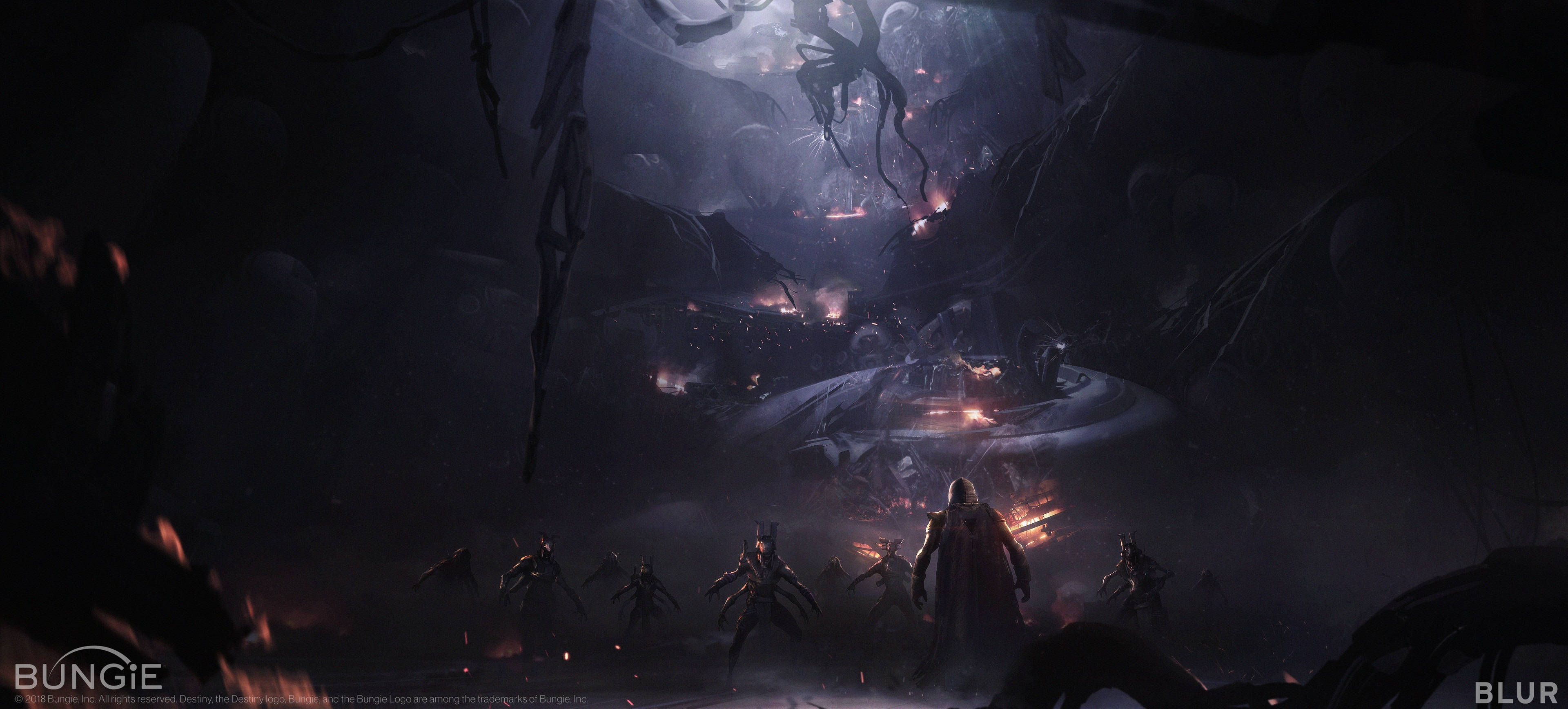 destiny 4K 桌布 壁紙 — 一個黑暗奇幻場景，裝甲戰士站在洞穴般陰森環境中一個發光的圓形平台前。