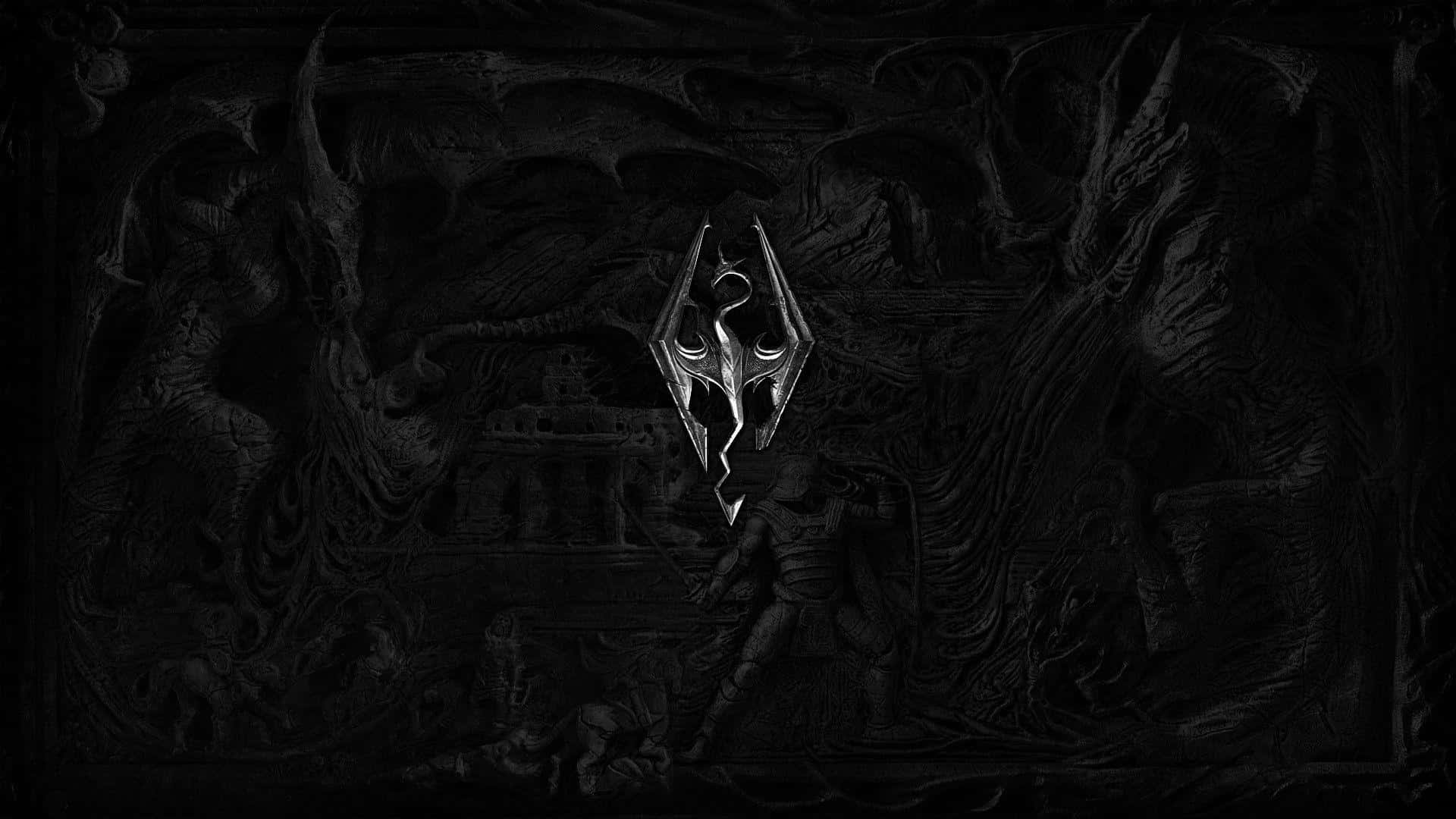 The Elder Scrolls V Skyrim 桌布 壁紙 — 一個黑暗奇幻徽章在黑色雕刻浮雕的怪物形象和戰士背景下閃爍著銀光。