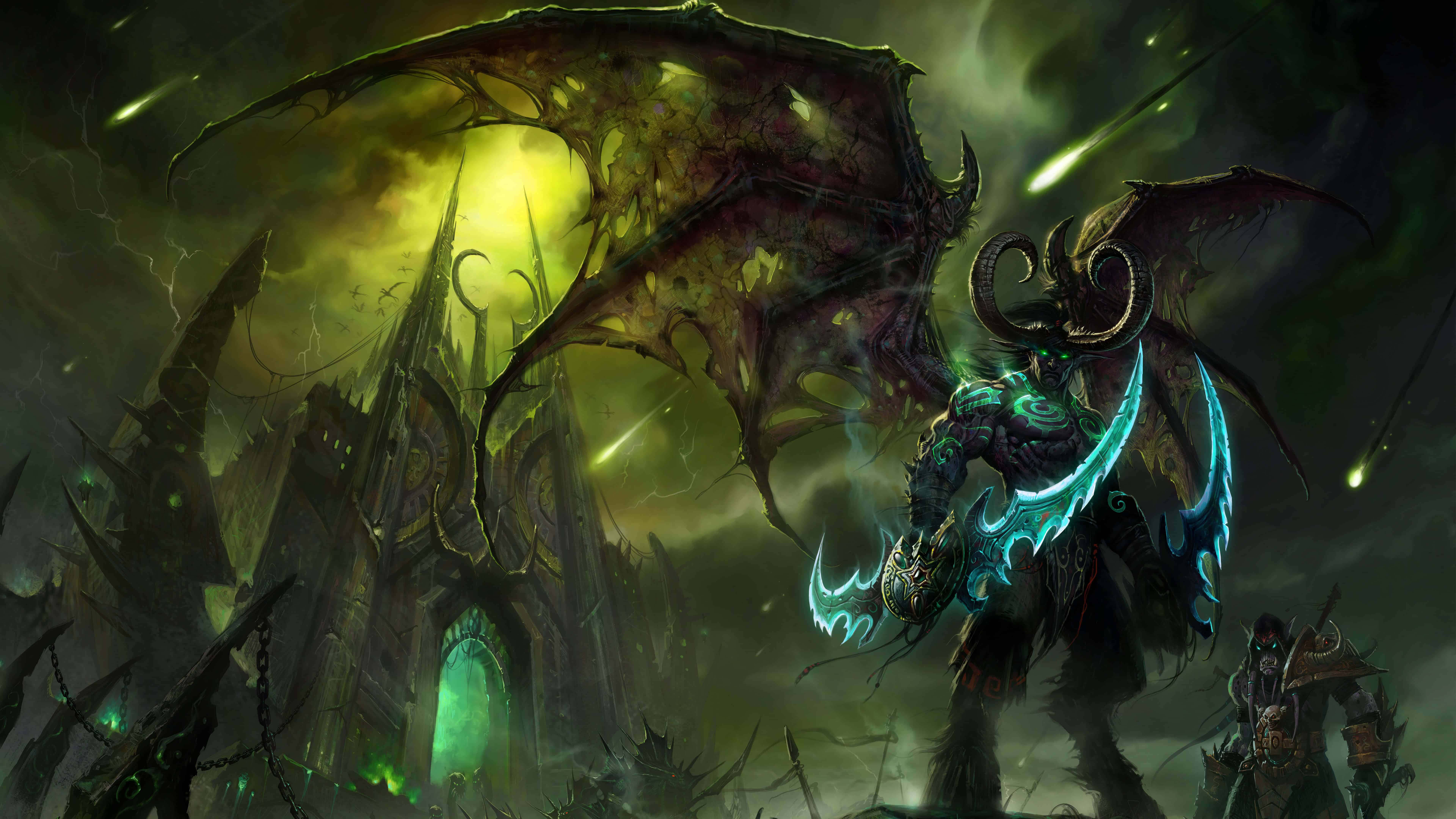 World Of Warcraft Races 桌布 壁紙 — 一個黑暗奇幻惡魔，手持發光的藍色刀刃，站在一座破敗的哥德式城堡前，背景是暴風雨的綠色天空。