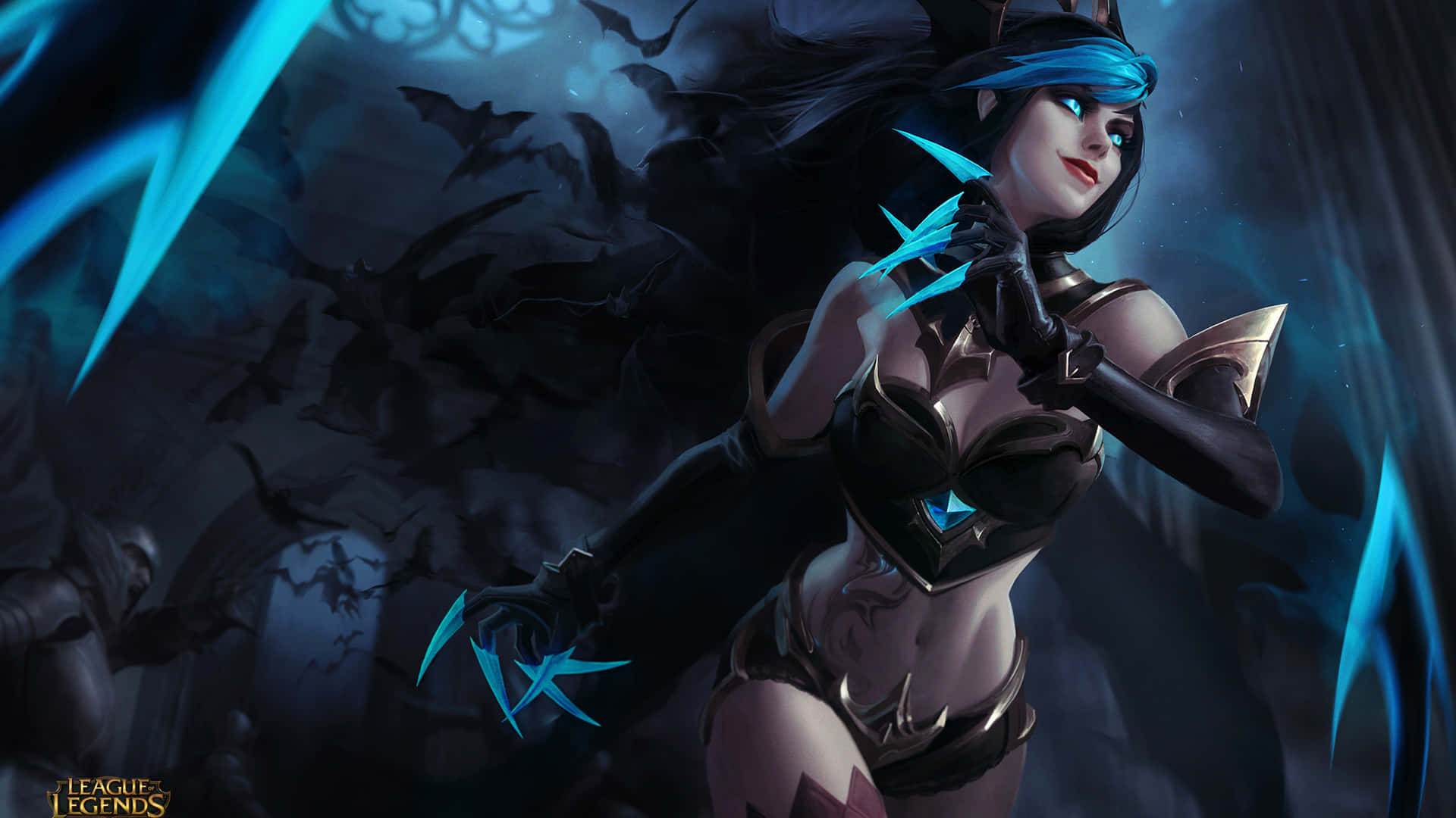 1920x1080 League Of Legends 桌布 壁紙 — 一個黑暗奇幻戰士，手持發光的藍色刀刃，飄逸的黑髮，在充滿蝙蝠盤旋的陰鬱夜晚場景中站立。