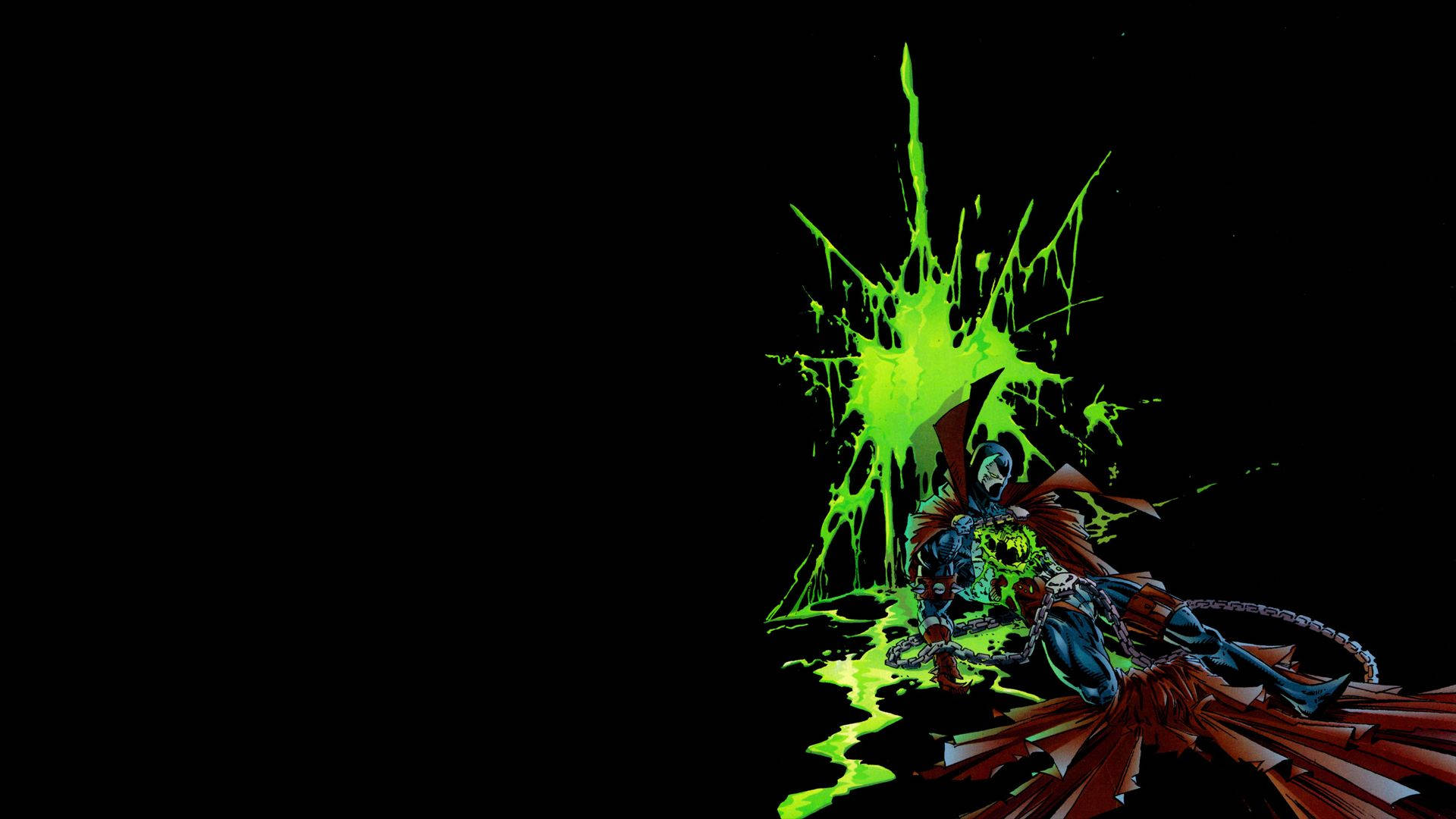 Spawn 桌布 壁紙 — 一個黑暗奇幻戰士，披著紅色斗篷和鎖鏈，從一個充滿活力的綠色能量爆炸中出現，背景是黑色虛空。