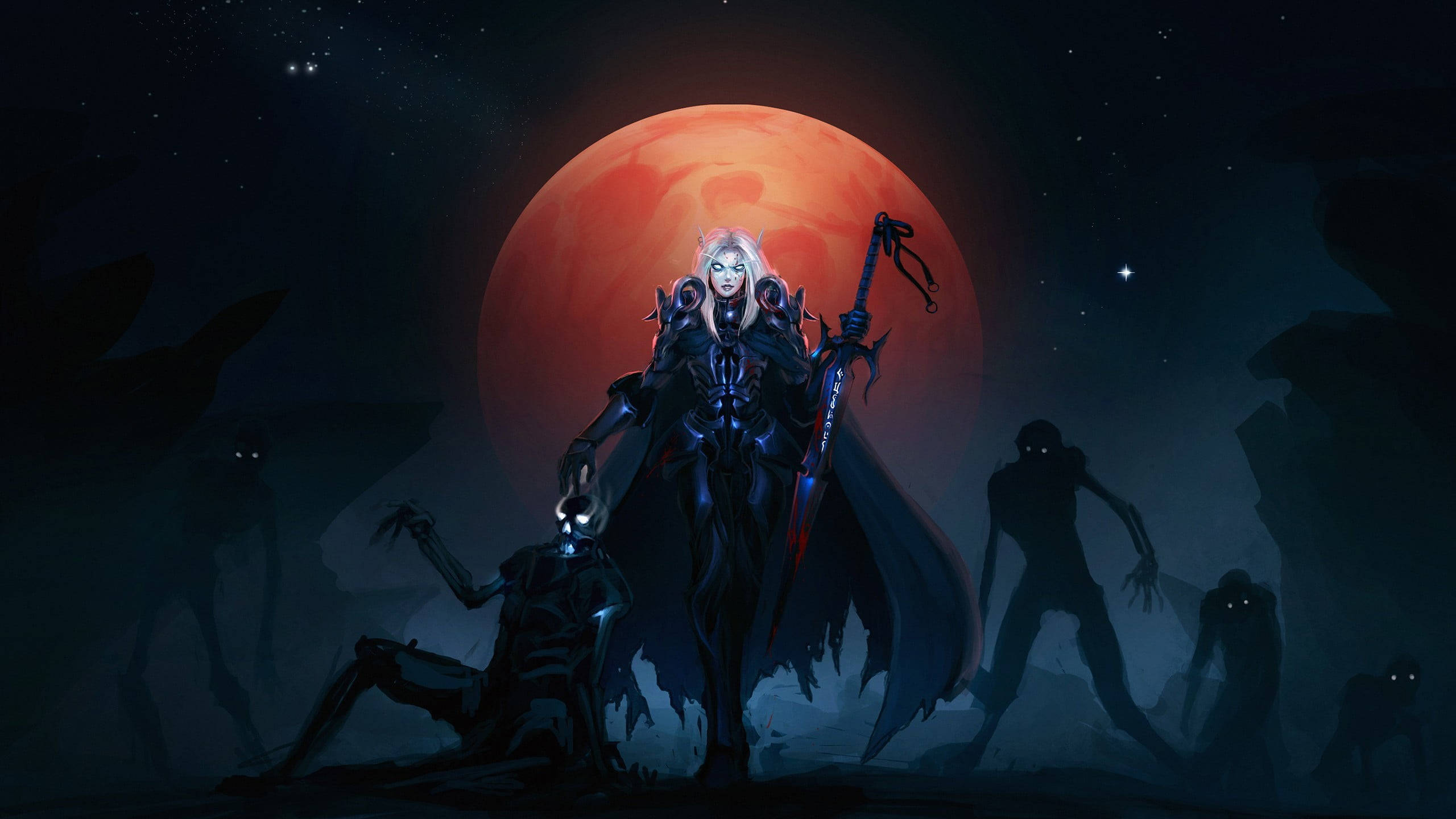 Death Knight 桌布 壁紙 — 一個黑暗奇幻戰士，擁有發光的眼睛和發光的劍，站在巨大的紅月前，周圍是星夜下陰影般的亡靈身影。