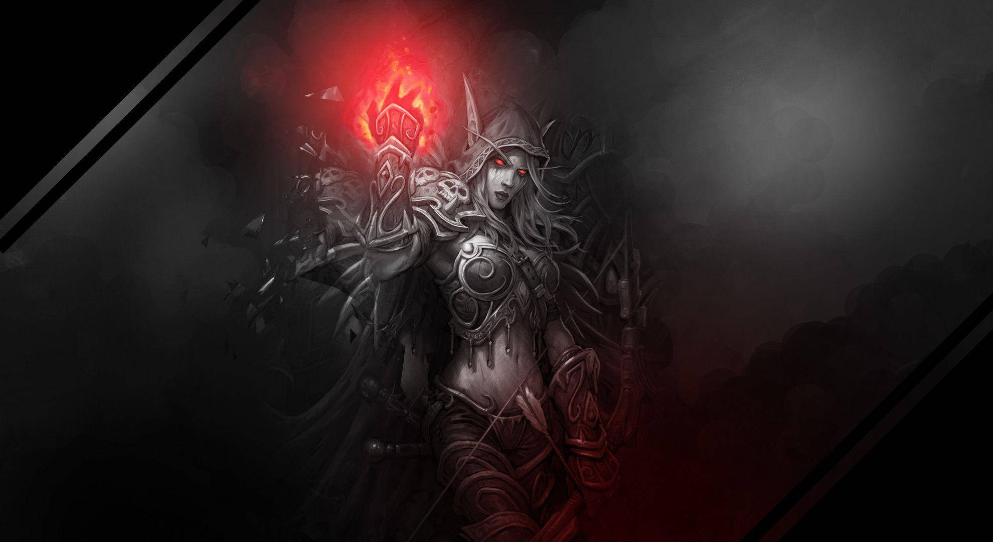 Hearthstone 桌布 壁紙 — 一個黑暗奇幻戰士，擁有發光的紅色眼睛和火焰之手，在煙霧繚繞的黑色背景下威嚴地站立。