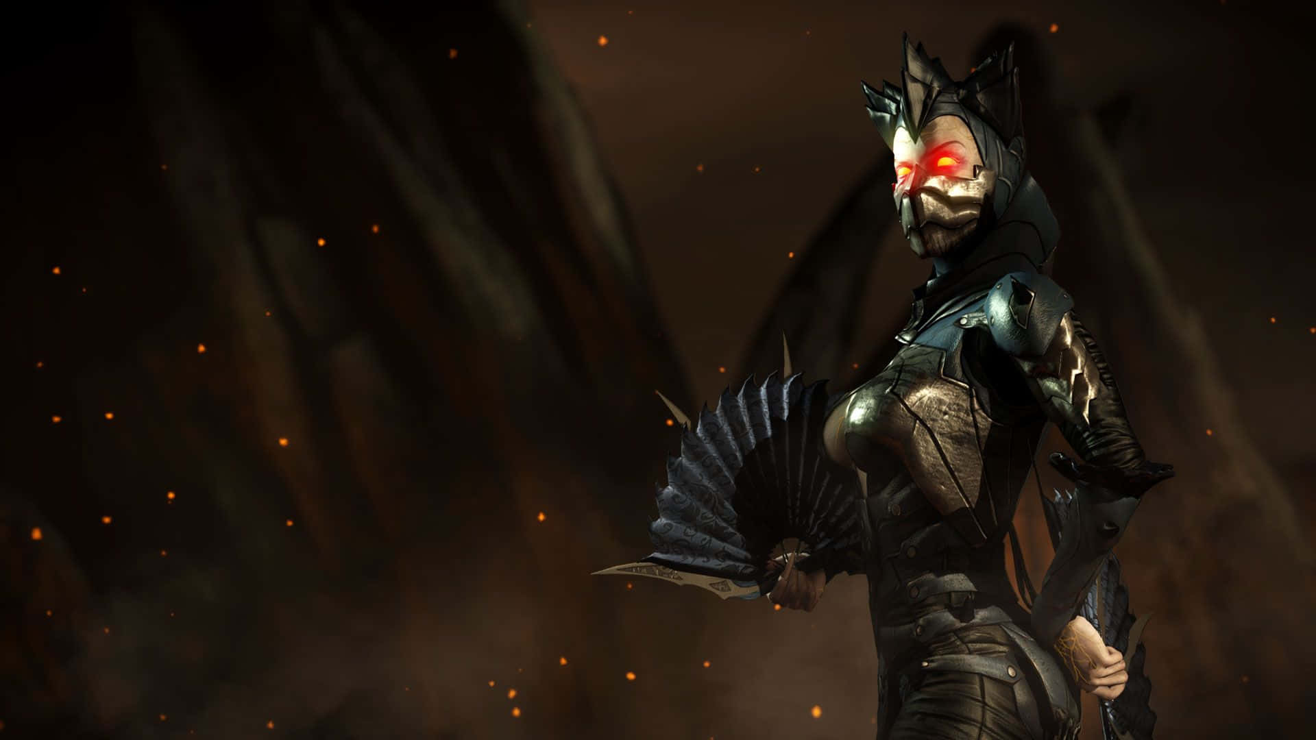 Mortal Kombat Kitana 桌布 壁紙 — 一個黑暗奇幻戰士，擁有發光的紅色眼睛和尖刺盔甲，在煙霧繚繞的背景中，伴隨著漂浮的餘燼，威風凜凜地站立。