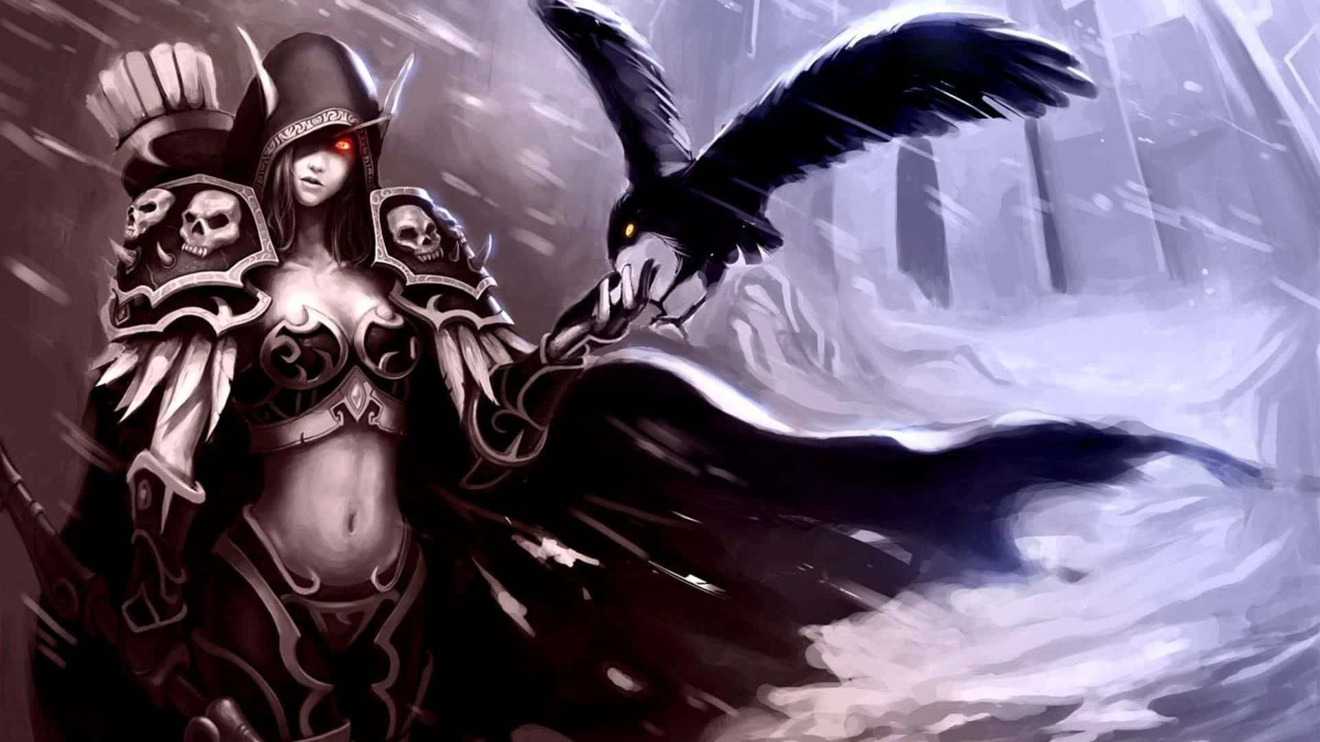 blizzard 桌布 壁紙 — 一個黑暗奇幻戰士，擁有發光的紅色眼睛和飾有頭骨的盔甲，在風暴般的單色戰場上站在一隻烏鴉旁邊。