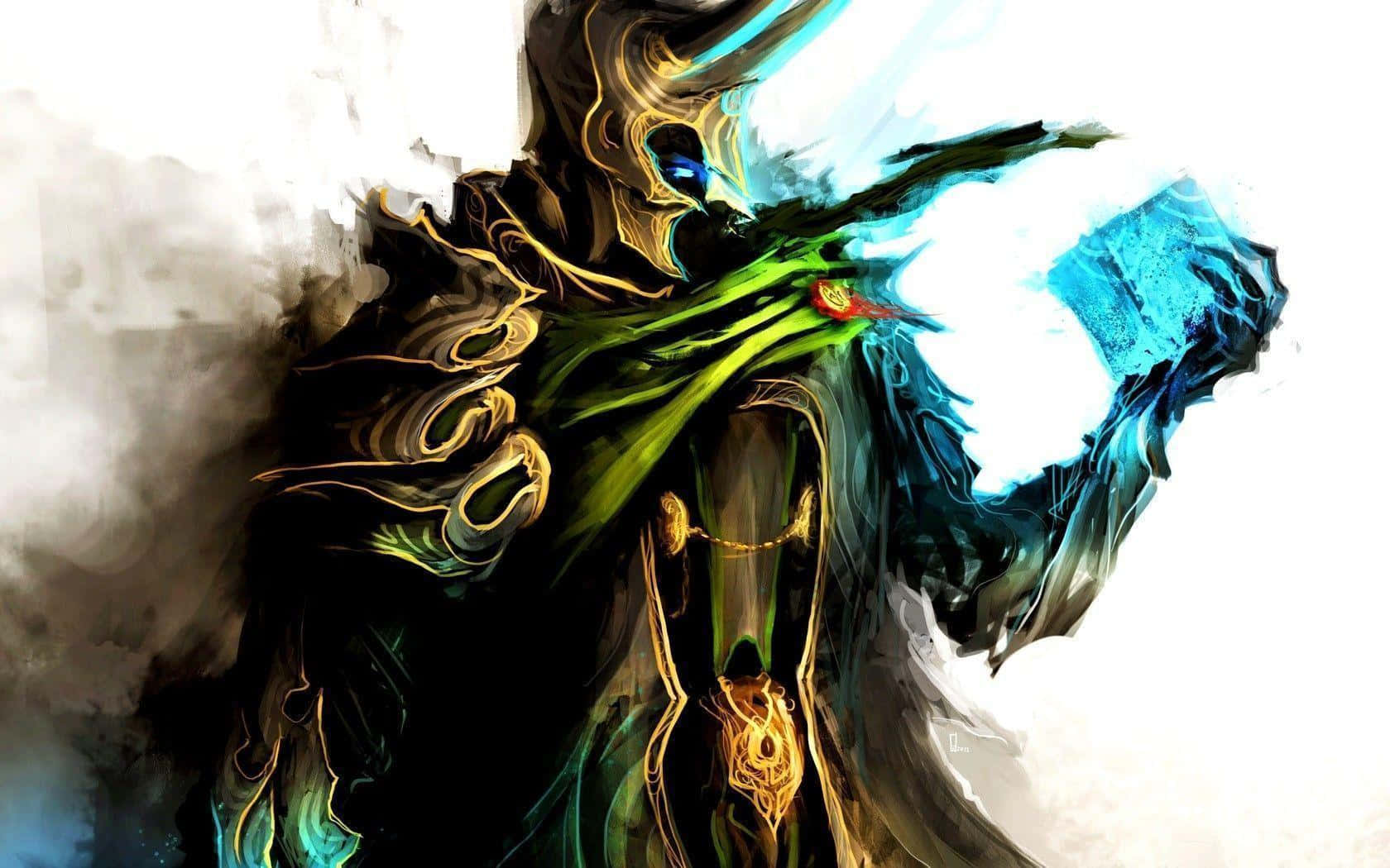 Marvel Loki 桌布 壁紙 — 一個黑暗奇幻戰士，擁有發光的藍色眼睛和華麗的金色盔甲，在煙霧繚繞的背景中揮舞著一把光芒四射的藍色能量劍。