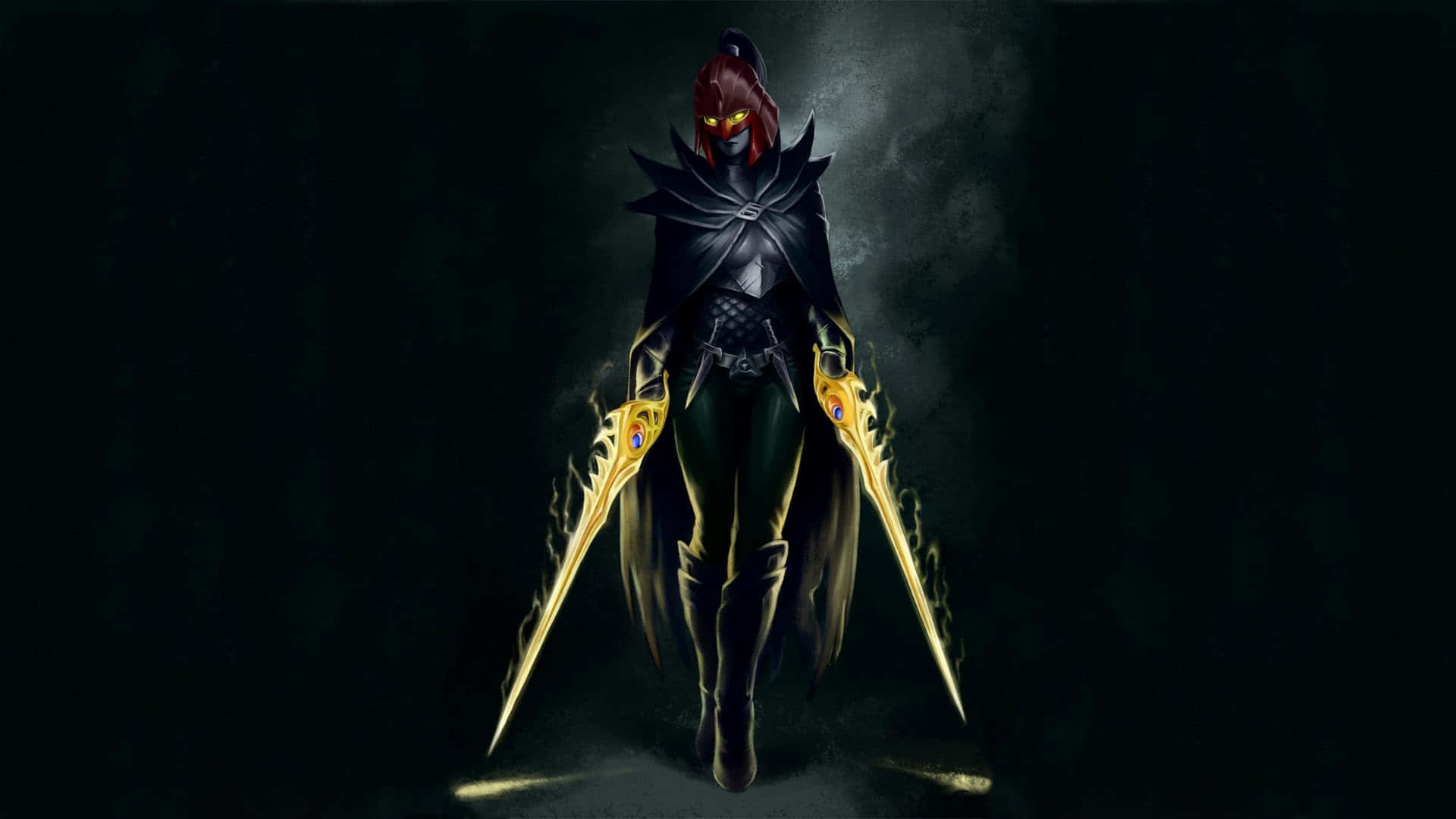 1920x1080 Dota 2 桌布 壁紙 — 一個黑暗奇幻戰士，擁有發光的黃色眼睛和金色刀刃，在陰影背景中威嚴地站立。