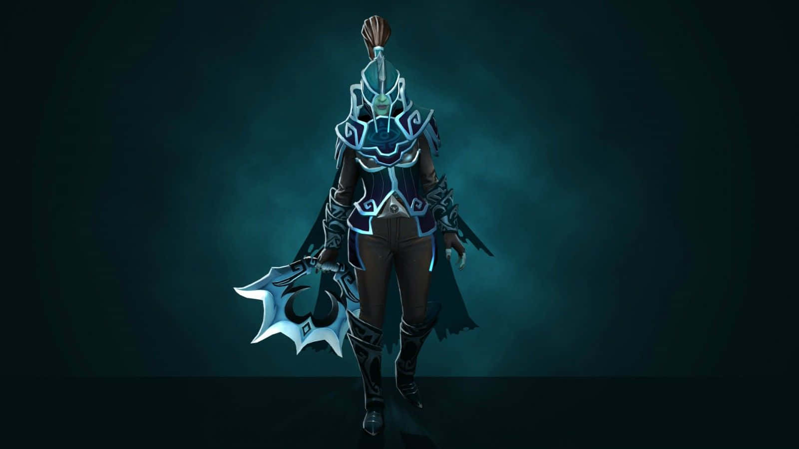 Phantom Assassin 桌布 壁紙 — 一個黑暗奇幻戰士，身穿發光藍色盔甲和帶角頭盔，手持鋸齒斧頭，站在憂鬱的藍綠色背景前。