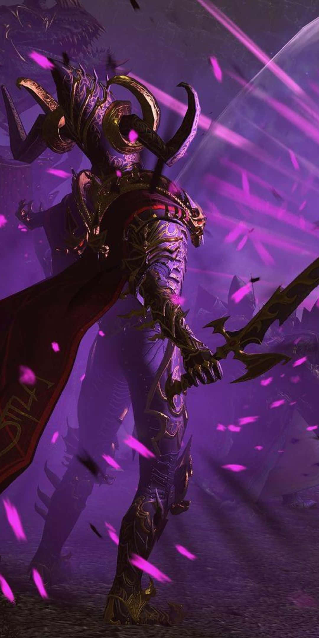 電玩遊戲 桌布 壁紙 — 一個黑暗奇幻戰士，頭戴金色角，身穿華麗盔甲，站在旋轉的紫色能量和漂浮的花瓣之中。
