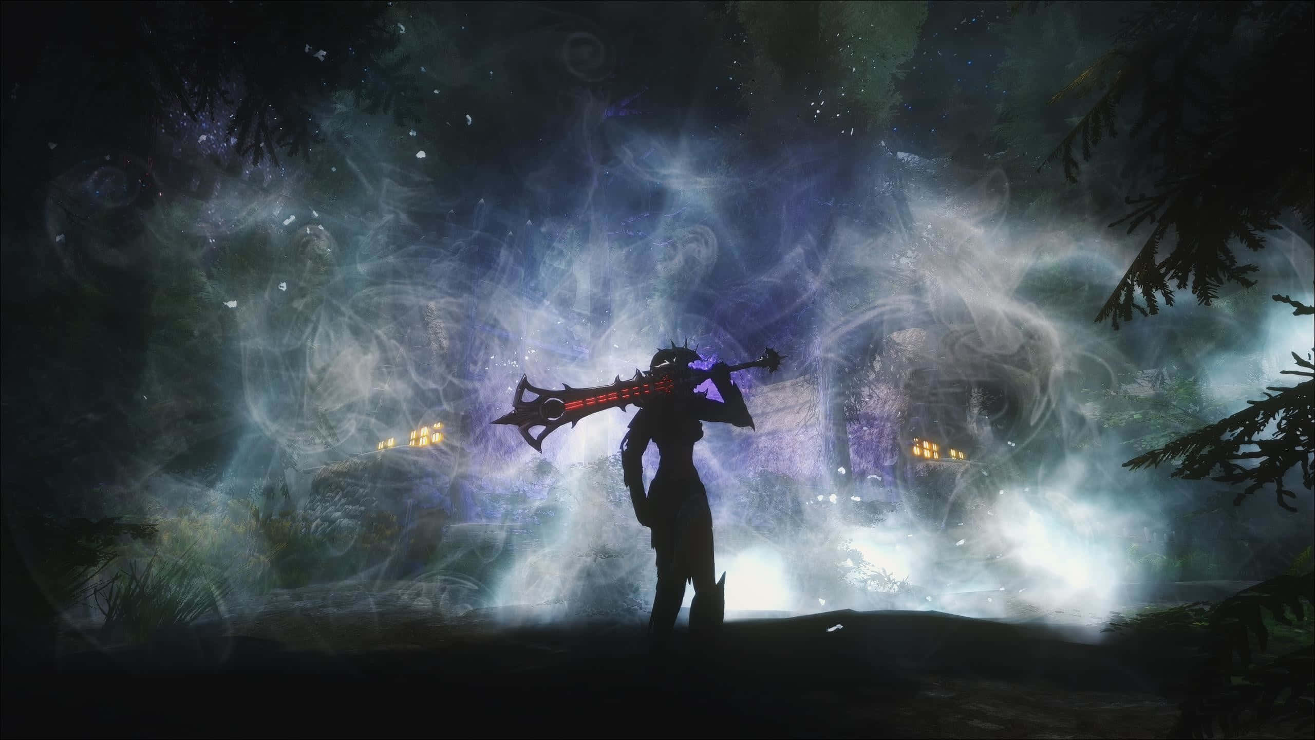 遊戲 桌布 壁紙 — 一個黑暗奇幻戰士在夜晚的森林中，以剪影姿態站在發光的 mystical 傳送門前。