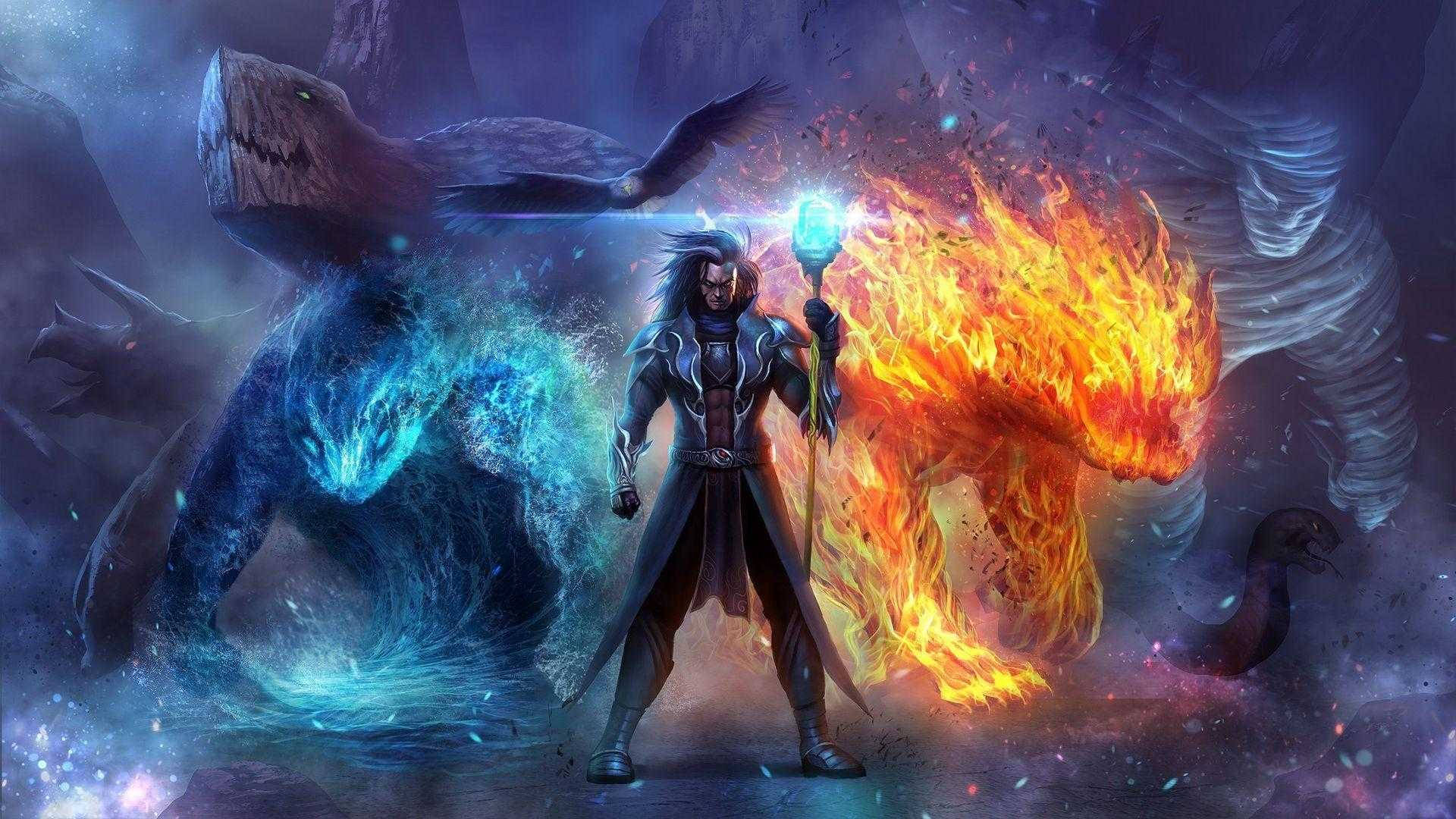 Free Fire 桌布 壁紙 — 一個黑暗奇幻戰士在火焰和冰霜元素野獸之間揮舞著發光法杖的宇宙戰鬥場景。