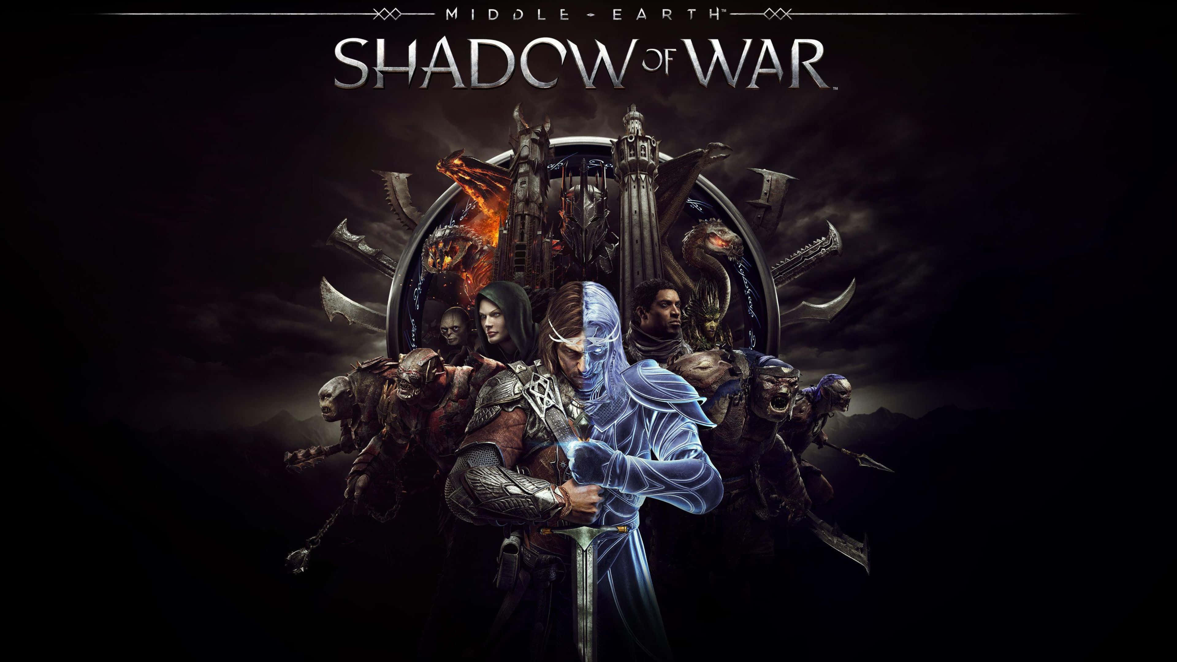 shadow of war 4K 桌布 壁紙 — 一個黑暗奇幻戰士手持發光藍劍，在暴風雨的天空下，挑釁地站在一群威脅性的獸人和龍之間。