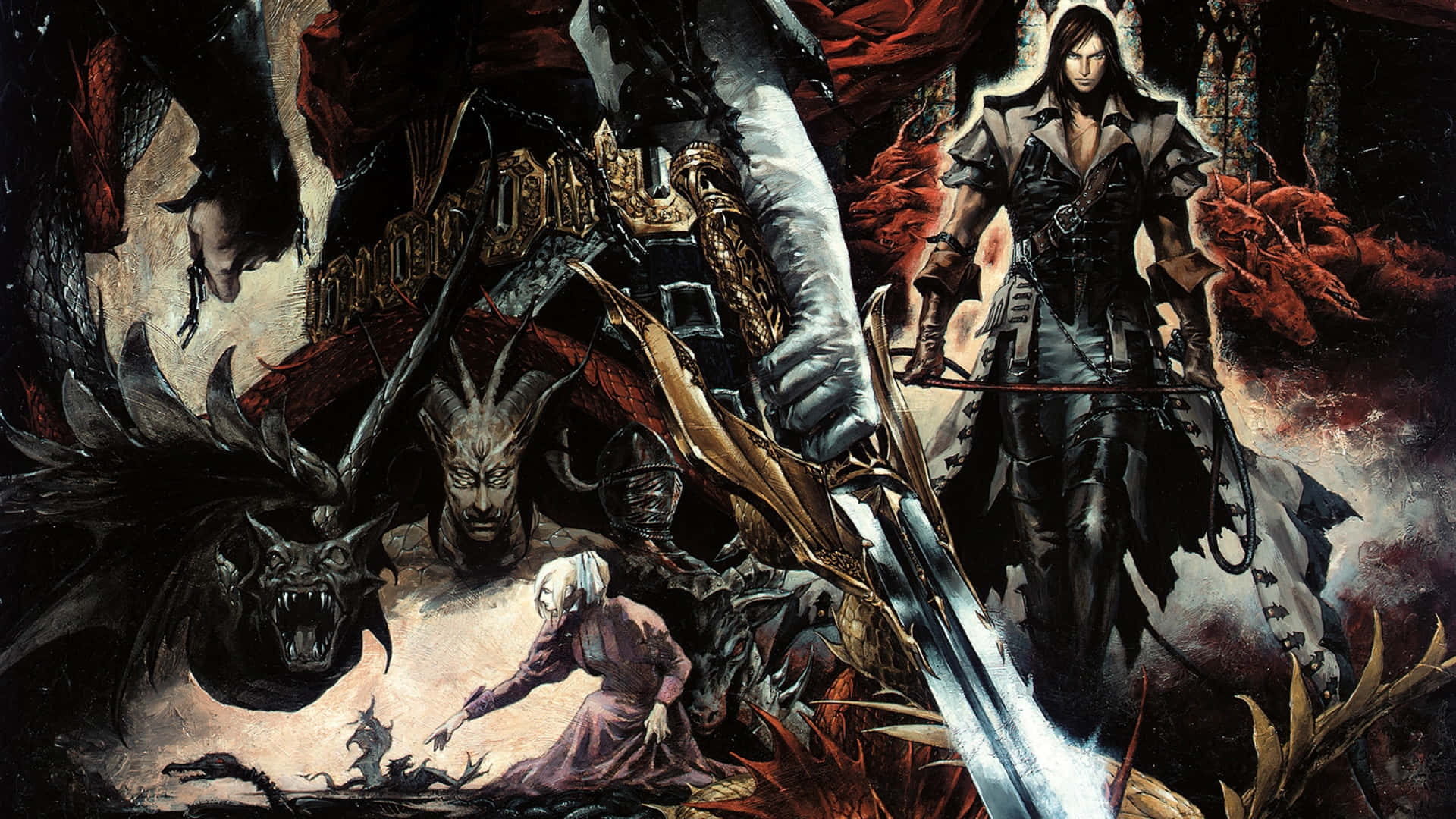 Castlevania 桌布 壁紙 — 一個黑暗奇幻戰士揮舞著發光的劍，對抗 monstrous 惡魔和一個倒下的角色，在混亂的戰鬥場景中。