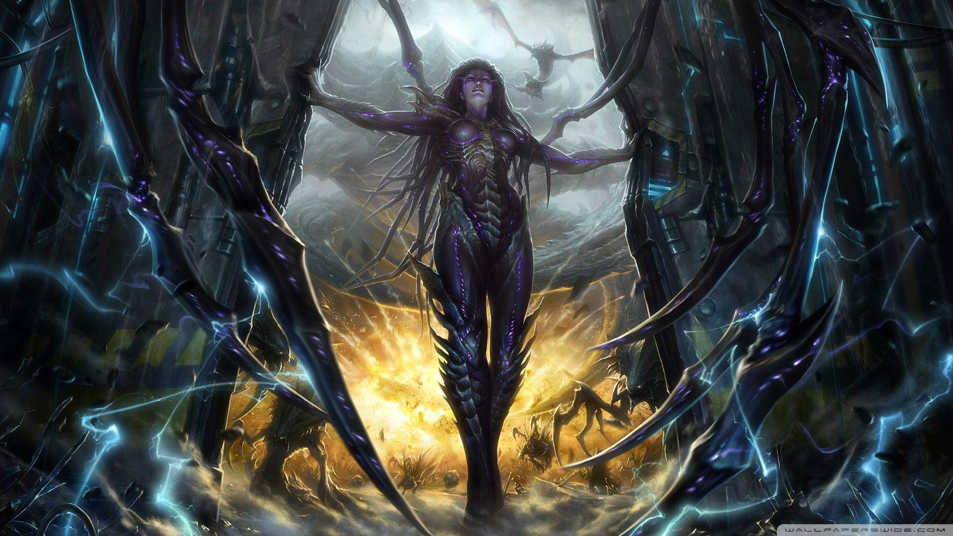 Starcraft 桌布 壁紙 — 一個黑暗奇幻戰士穿著發光的紫色盔甲，在暴風雨的天空下， defiantly 站在鋸齒狀的晶體結構中。