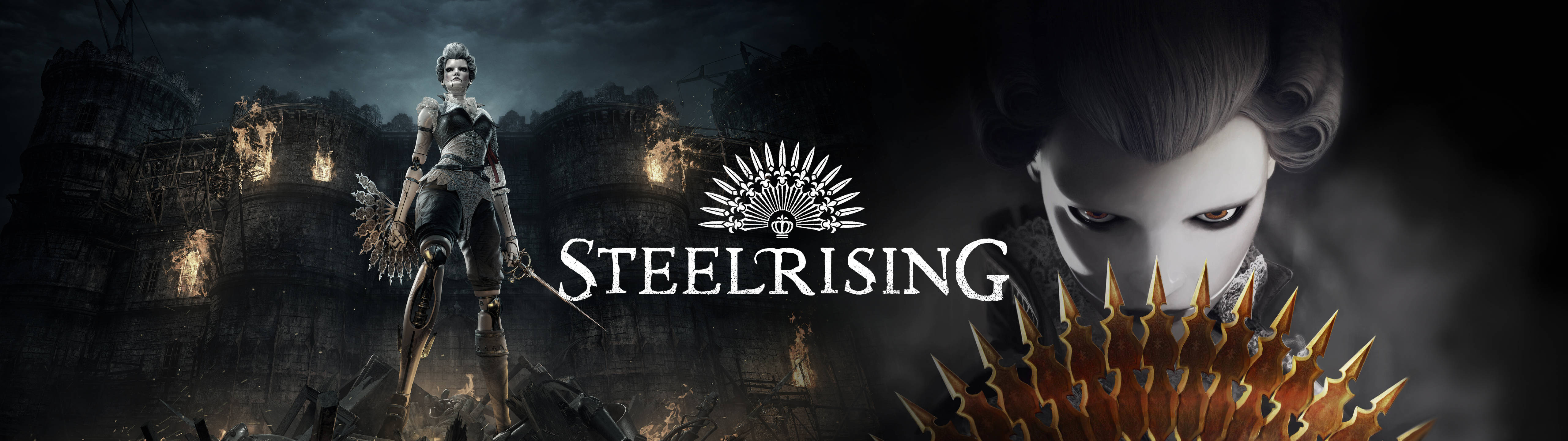 5120x1440 gaming 桌布 壁紙 — 一個黑暗奇幻戰士站在燃燒的廢墟城市前，一個戴面具的威脅人物潛伏在陰影中。