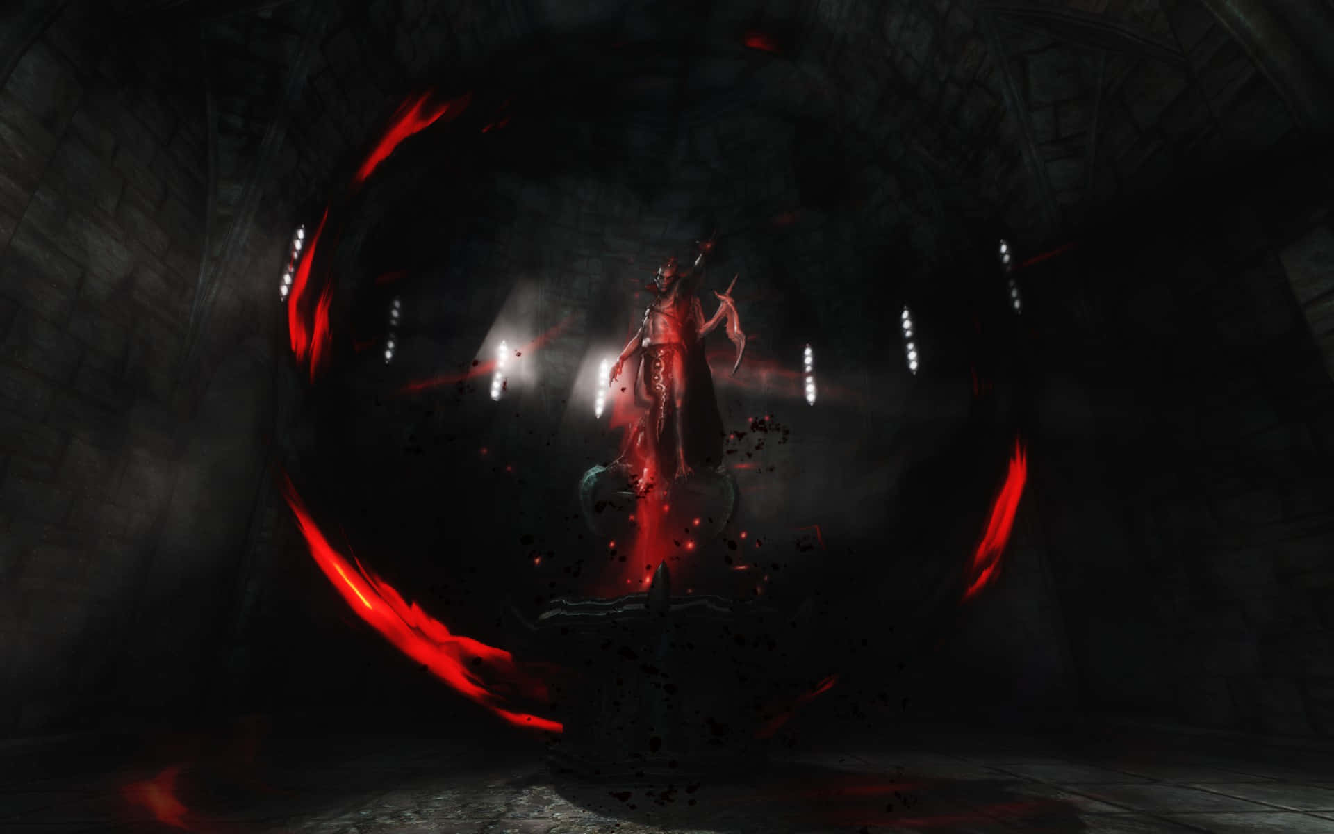 Vampire Lord 桌布 壁紙 — 一個黑暗奇幻戰士站在石隧道中，周圍環繞著發光的紅色能量和漂浮的血滴。