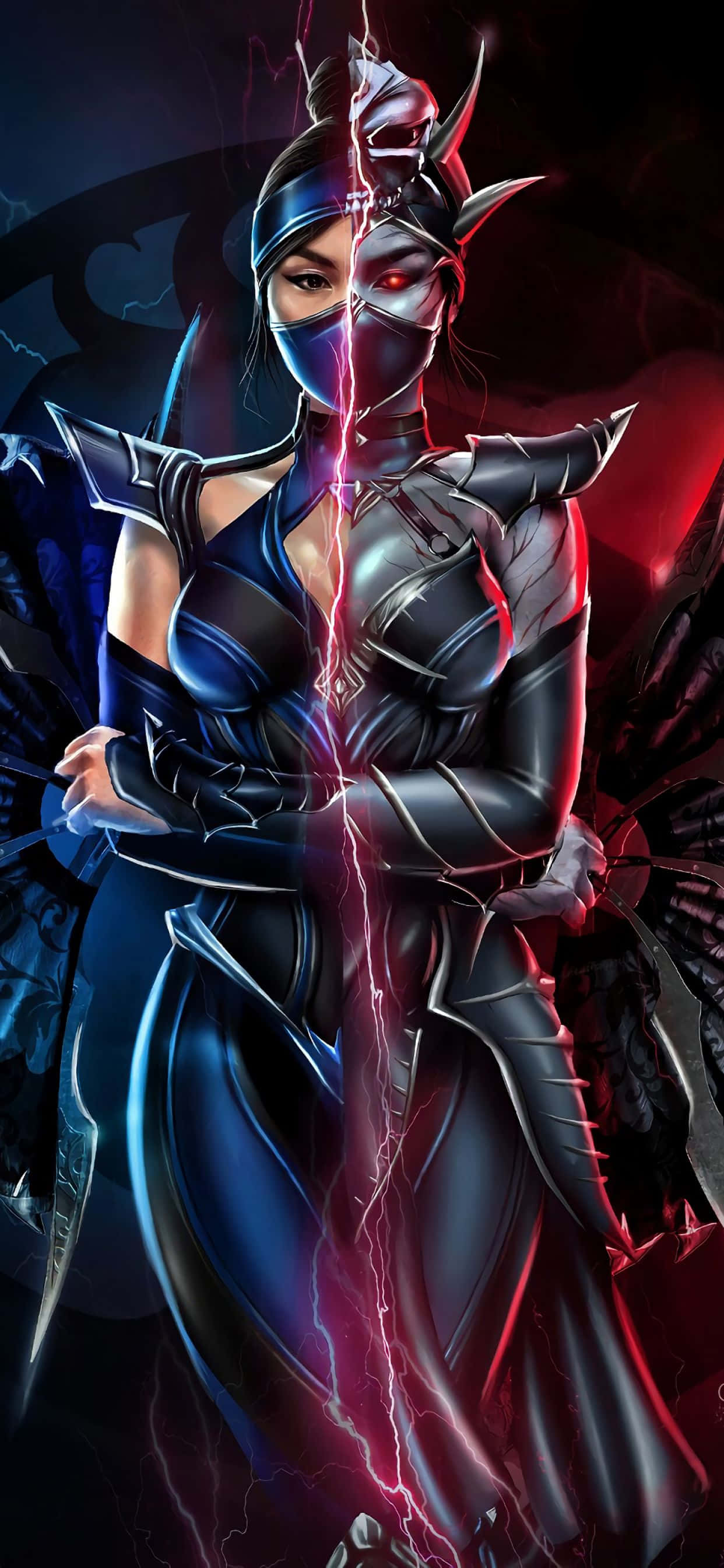 Mortal Kombat Kitana 桌布 壁紙 — 一個黑暗奇幻戰士被發光的閃電從中間劈開，一半藍一半紅，擁有發光的眼睛和華麗的盔甲。