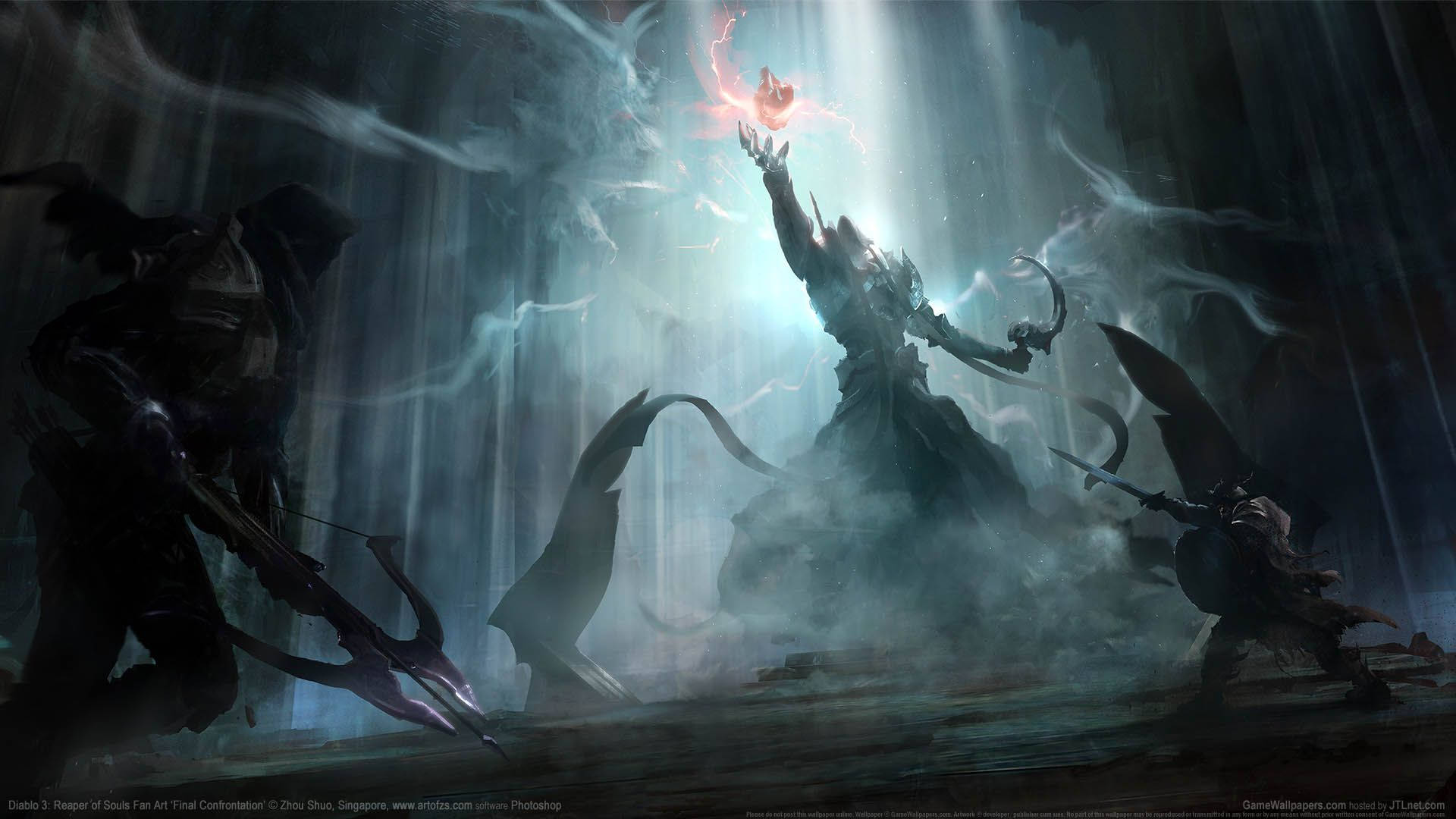 Diablo 3 桌布 壁紙 — 一個黑暗奇幻戰鬥場景，中央人物舉起發光的紅色球體，周圍閃電擊中。