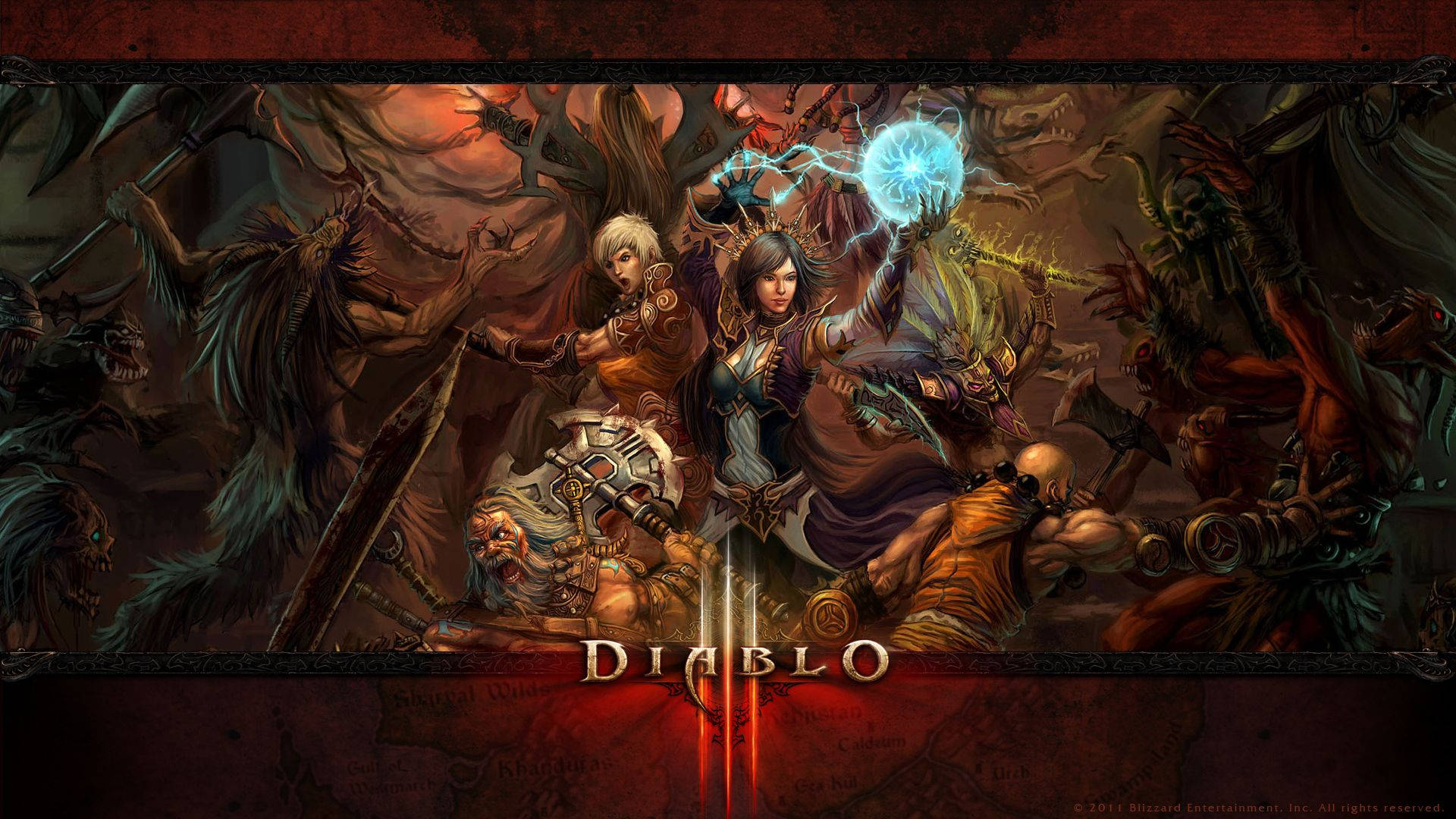 Diablo 3 桌布 壁紙 — 一個黑暗奇幻戰鬥場景，戰士與怪物在血紅天空下交戰。