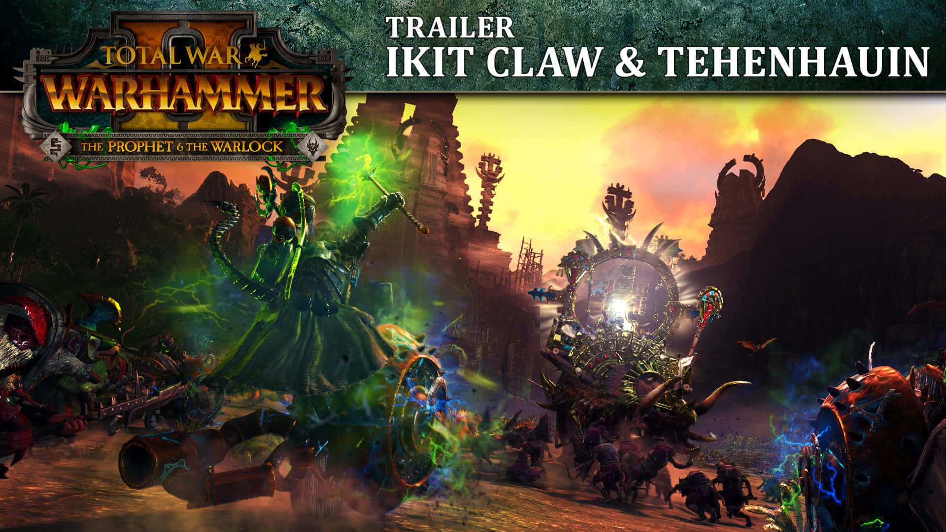 HD Total War Warhammer Ii 桌布 壁紙 — 一個黑暗奇幻戰鬥場景，有綠色發光的術士和怪物生物，在熾熱的日落天空下。