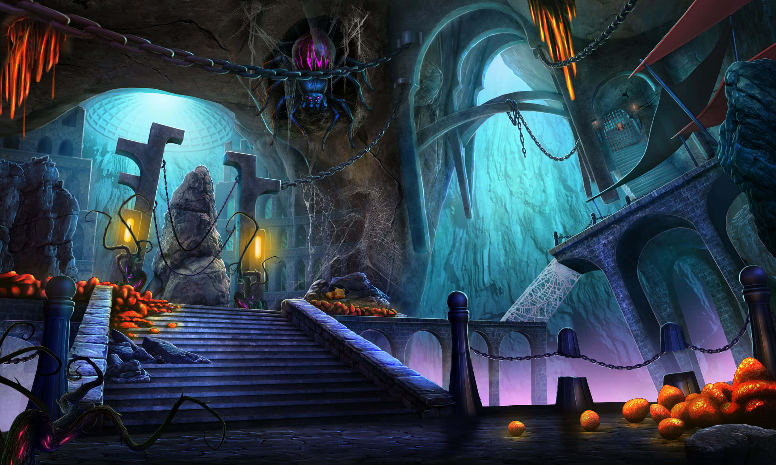 3d Fantasy 桌布 壁紙 — 一個黑暗奇幻洞穴，有發光的橙色球體、石階、鎖鏈和一隻巨型蜘蛛，籠罩在詭異的藍色燈光下。