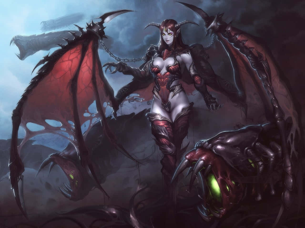Dark Queen 桌布 壁紙 — 一個黑暗奇幻的女惡魔，擁有紅色翅膀和角，在暴風雨的天空下威脅性地站在一個發著綠光的生物之上。