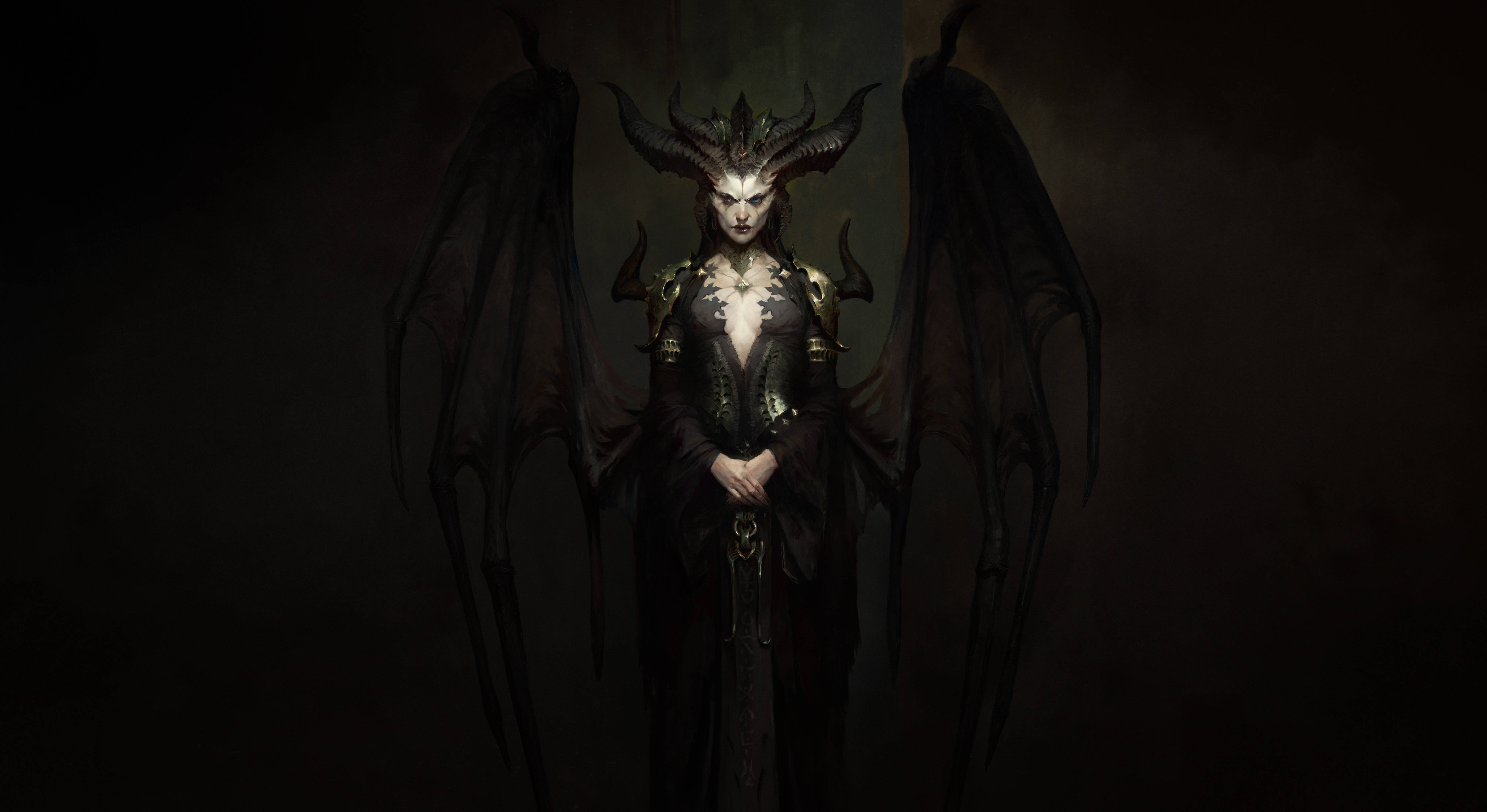 暗黑破壞神4 桌布 壁紙 — 一個黑暗奇幻的惡魔女王，擁有蝙蝠般的翅膀和角，威嚇地站在陰影的黑暗中。