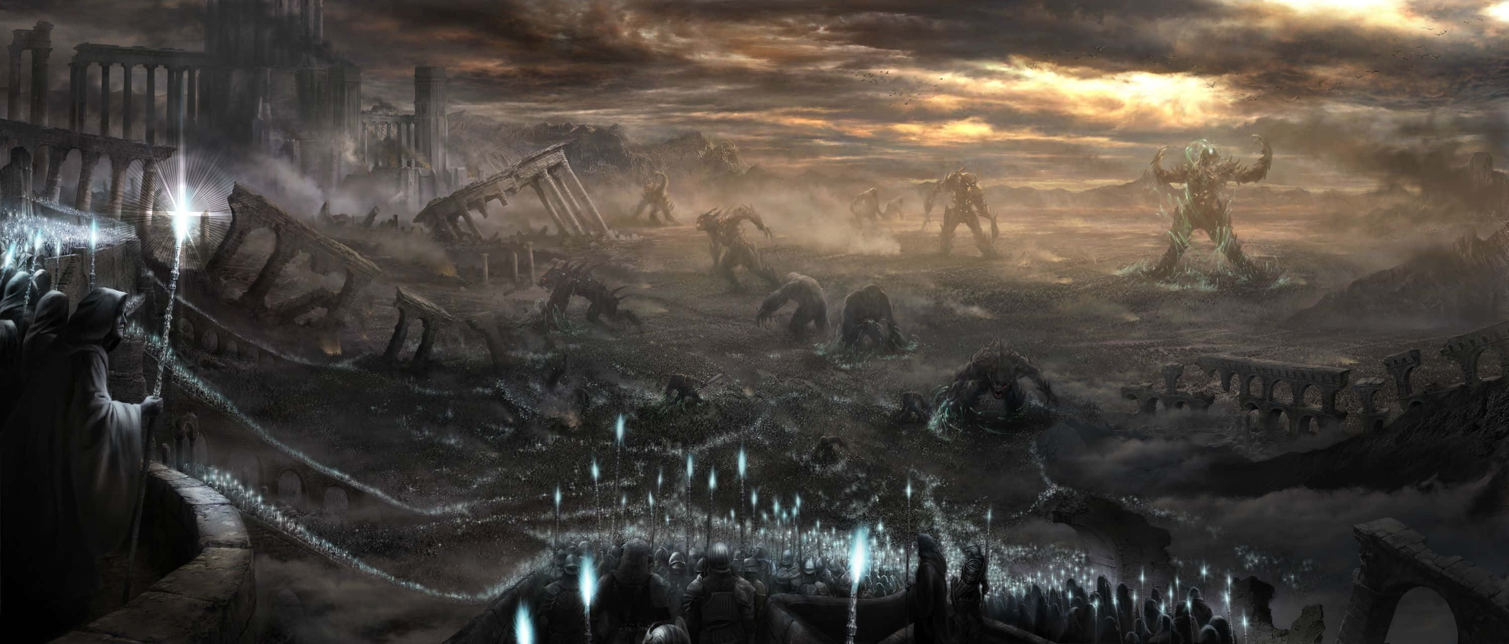 Epic Battle 桌布 壁紙 — 一個黑暗奇幻的戰場，有巨大的怪物和廢墟建築，在暴風雨黃昏的天空下。