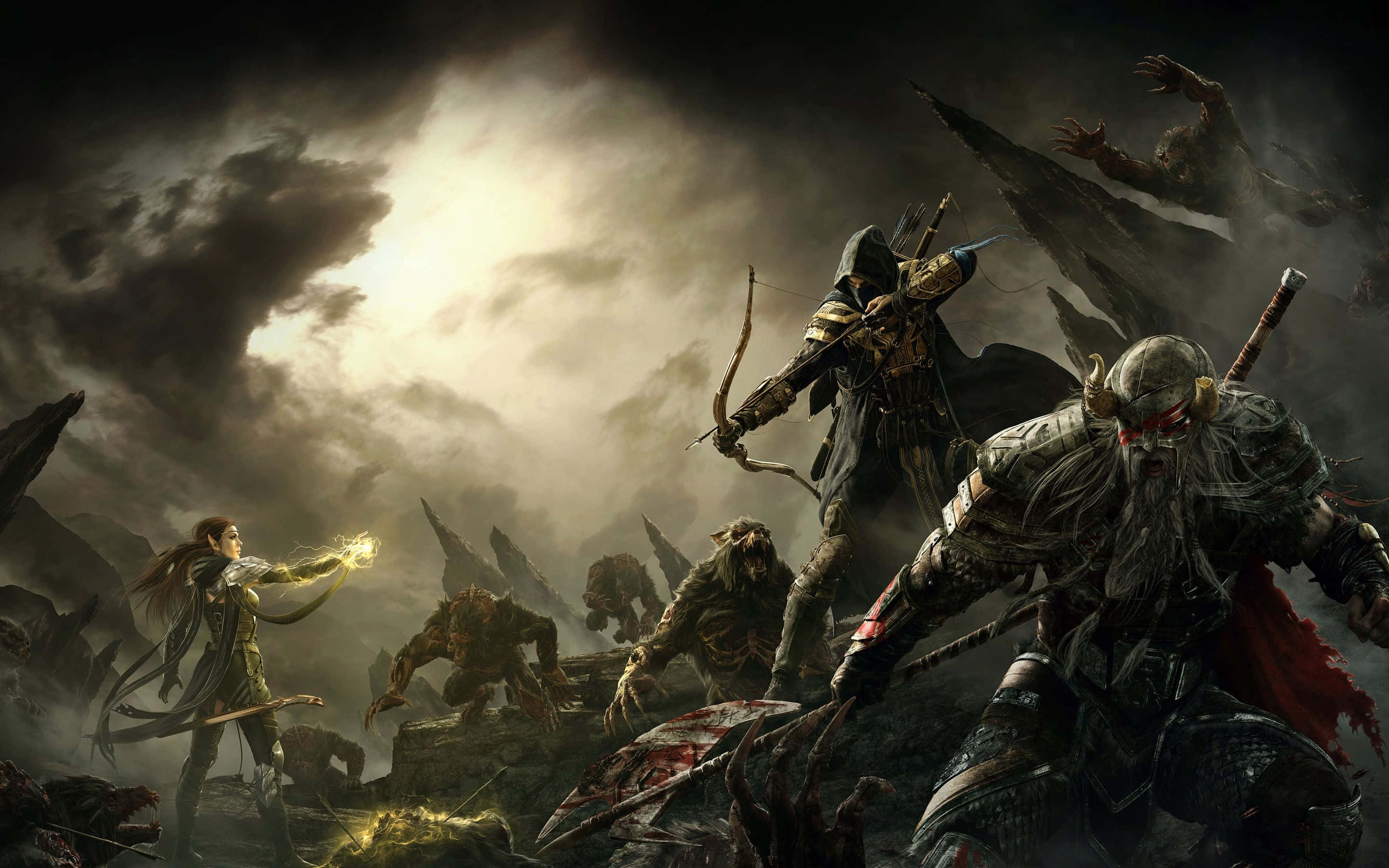 Online Games 桌布 壁紙 — 一個黑暗奇幻的戰鬥場景，裝甲戰士與怪物般的生物在暴風雨的天空下交戰。