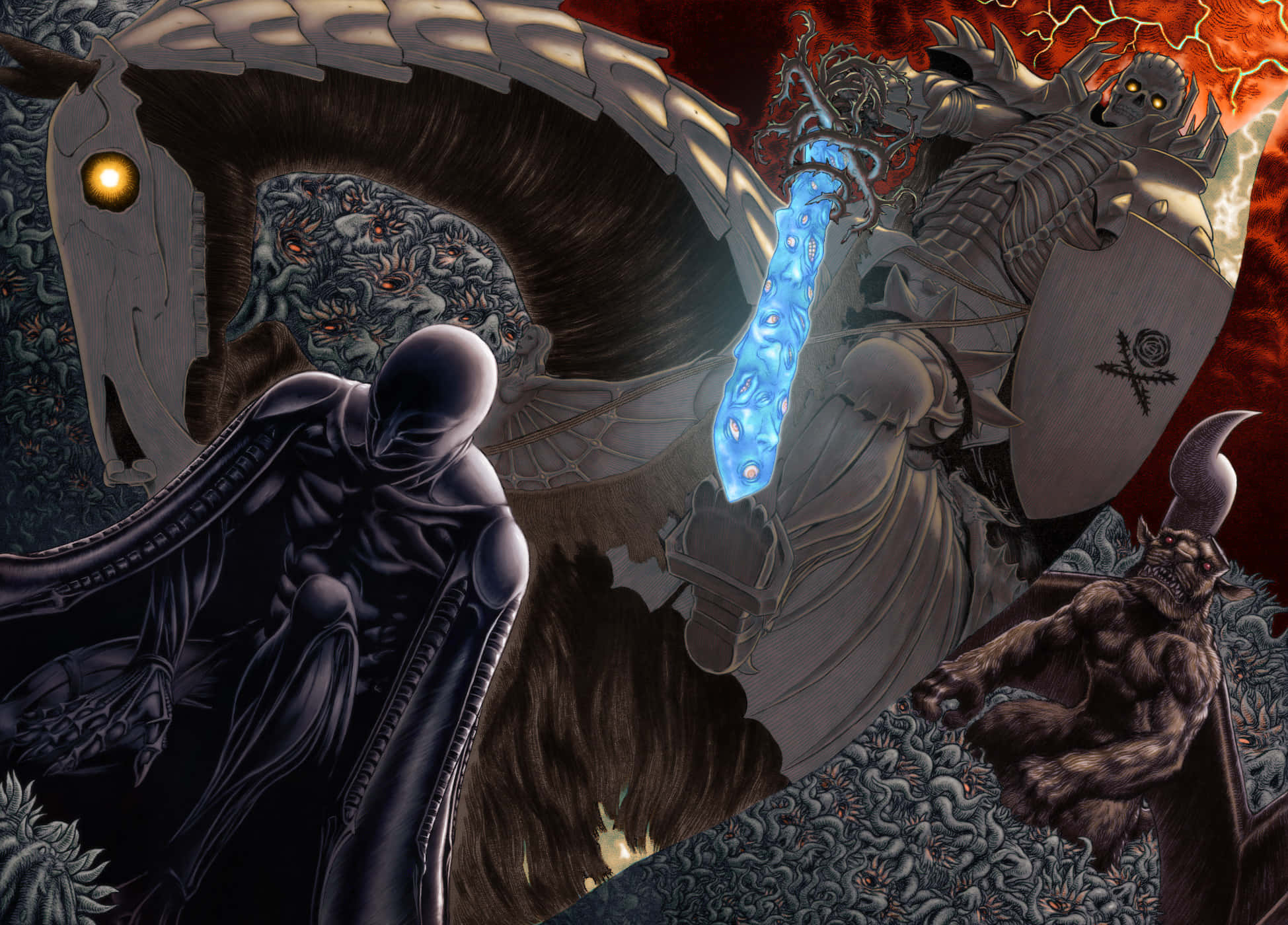 烙印勇士 桌布 壁紙 — 一個黑暗奇幻的戰鬥場景，身穿鎧甲的戰士在熾熱的地獄般景觀中揮舞發光武器對抗怪物般的生物。