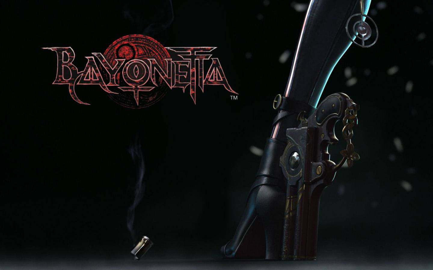 蓓優妮塔 桌布 壁紙 — 一個黑暗奇幻遊戲標誌 Bayonetta，帶有冒煙的左輪手槍和高跟鞋靴，背景為黑色。