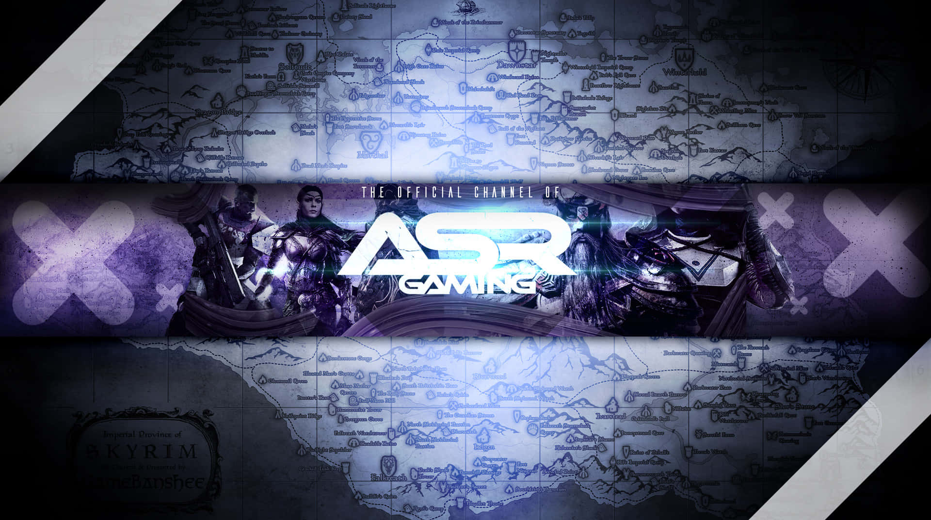 YouTube Banner Gaming 桌布 壁紙 — 一個黑暗奇幻遊戲橫幅，在發光的Skyrim地圖上展示裝甲角色，並帶有ASR GAMING標誌。