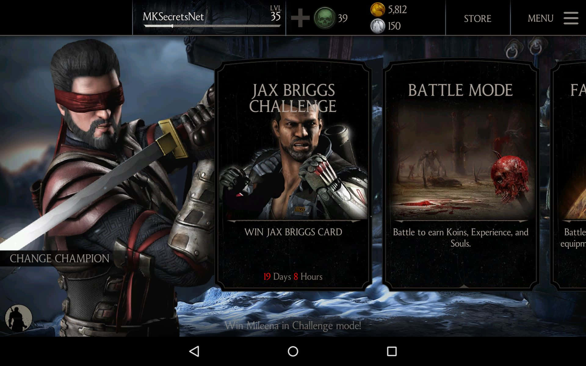 Mortal Kombat Jax 桌布 壁紙 — 一個黑暗奇幻遊戲選單，展示一位蒙眼戰士手持劍，並顯示戰鬥模式和挑戰選項。
