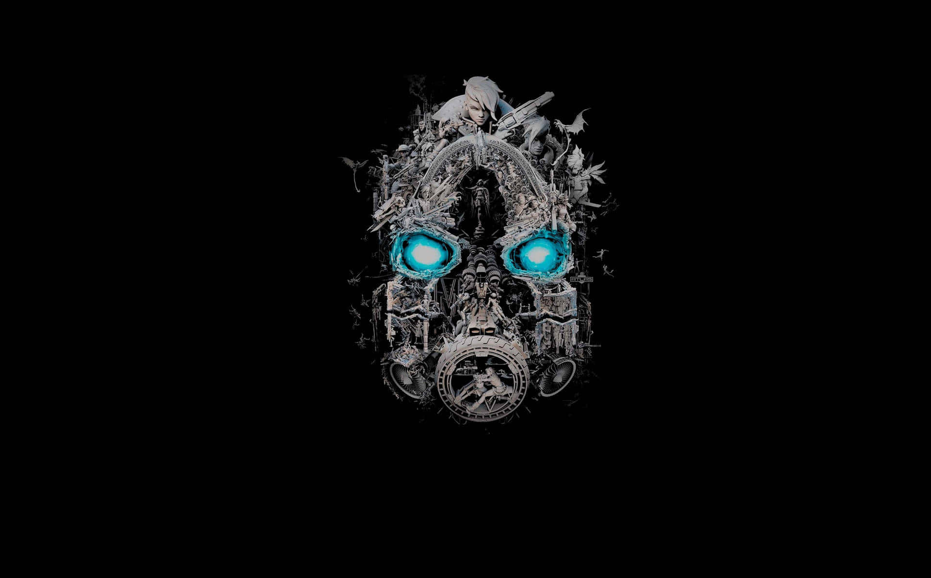 Borderlands 桌布 壁紙 — 一個黑暗奇幻風格的頭骨，帶有發光的藍色眼睛，以及複雜的機械和有機細節，背景為黑色。
