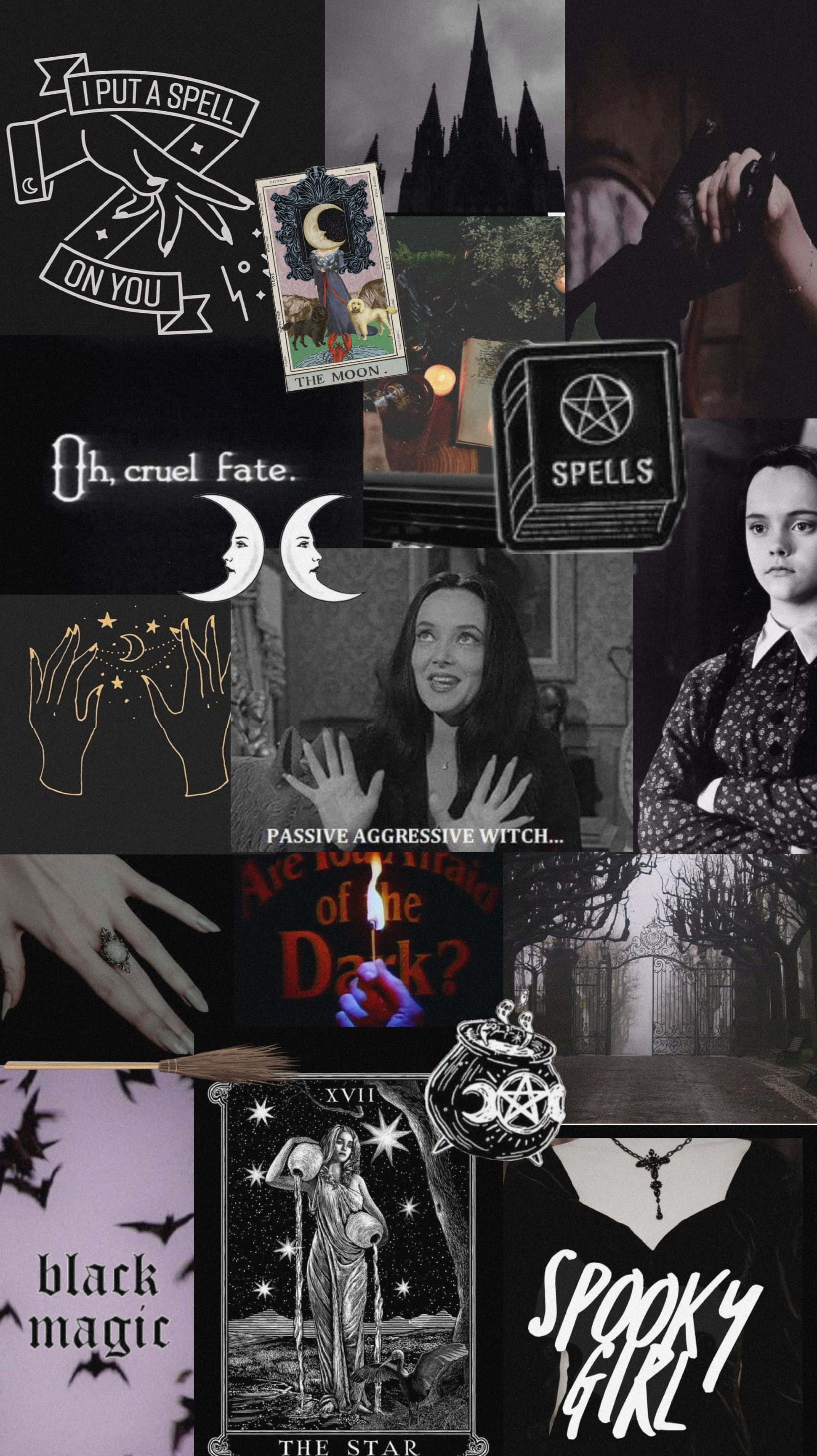 Witch Aesthetic 桌布 壁紙 — 一個黑暗女巫風格的拼貼畫， featuring 塔羅牌、咒語和哥德式圖像，中央有一個女巫的肖像。