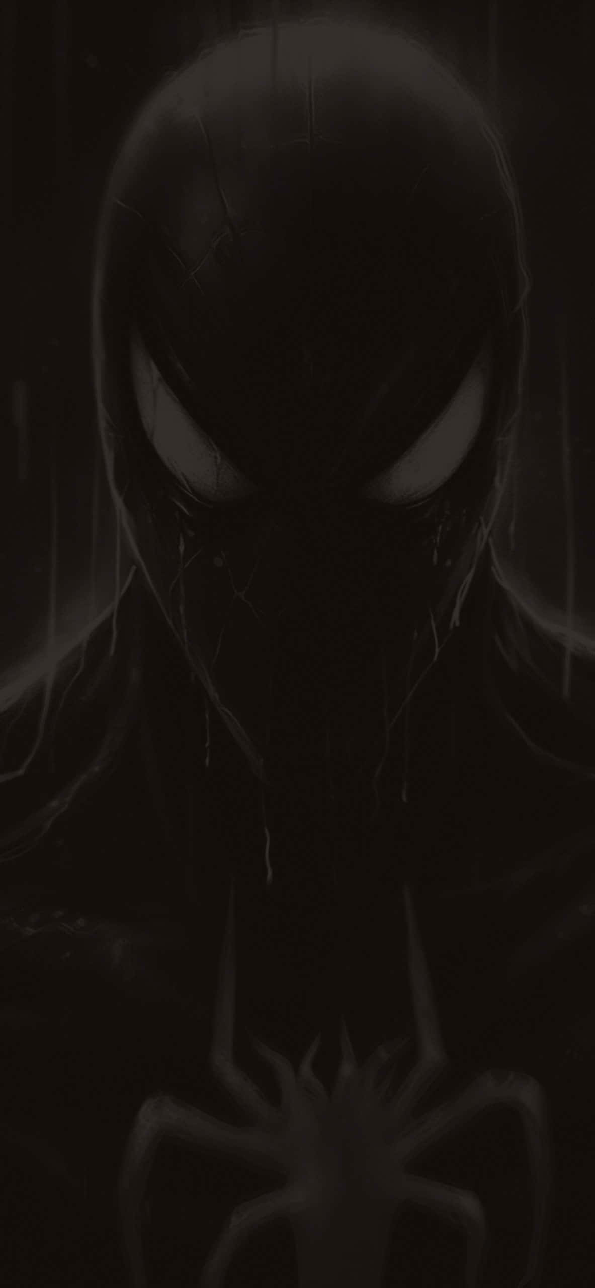 Symbiote 桌布 壁紙 — 一個黑暗威脅性的蜘蛛人，發光的眼睛和滴落的面具，在陰影單色中。