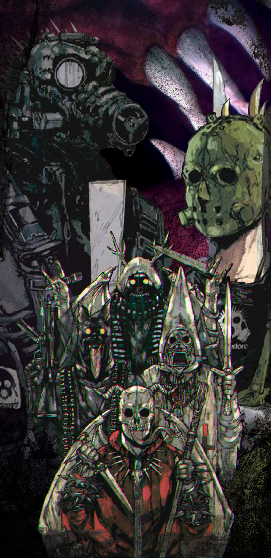 dorohedoro 桌布 壁紙 — 一個黑暗恐怖插圖，描繪戴面具的人物，擁有發光的眼睛和尖刺盔甲，背景為紫色和黑色。
