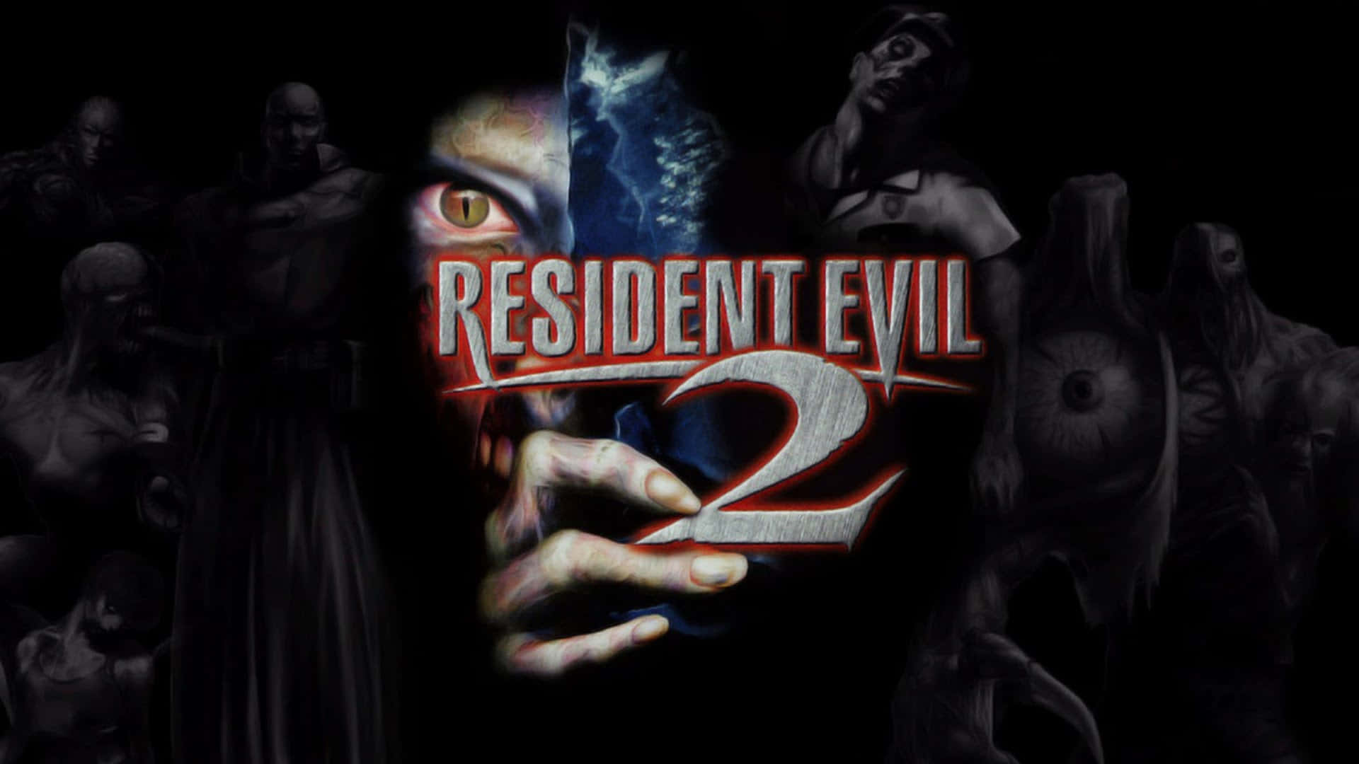 Resident Evil 2 桌布 壁紙 — 一個黑暗恐怖遊戲標誌，有一個發光的眼睛和抓握的手，周圍環繞著怪誕的人物。