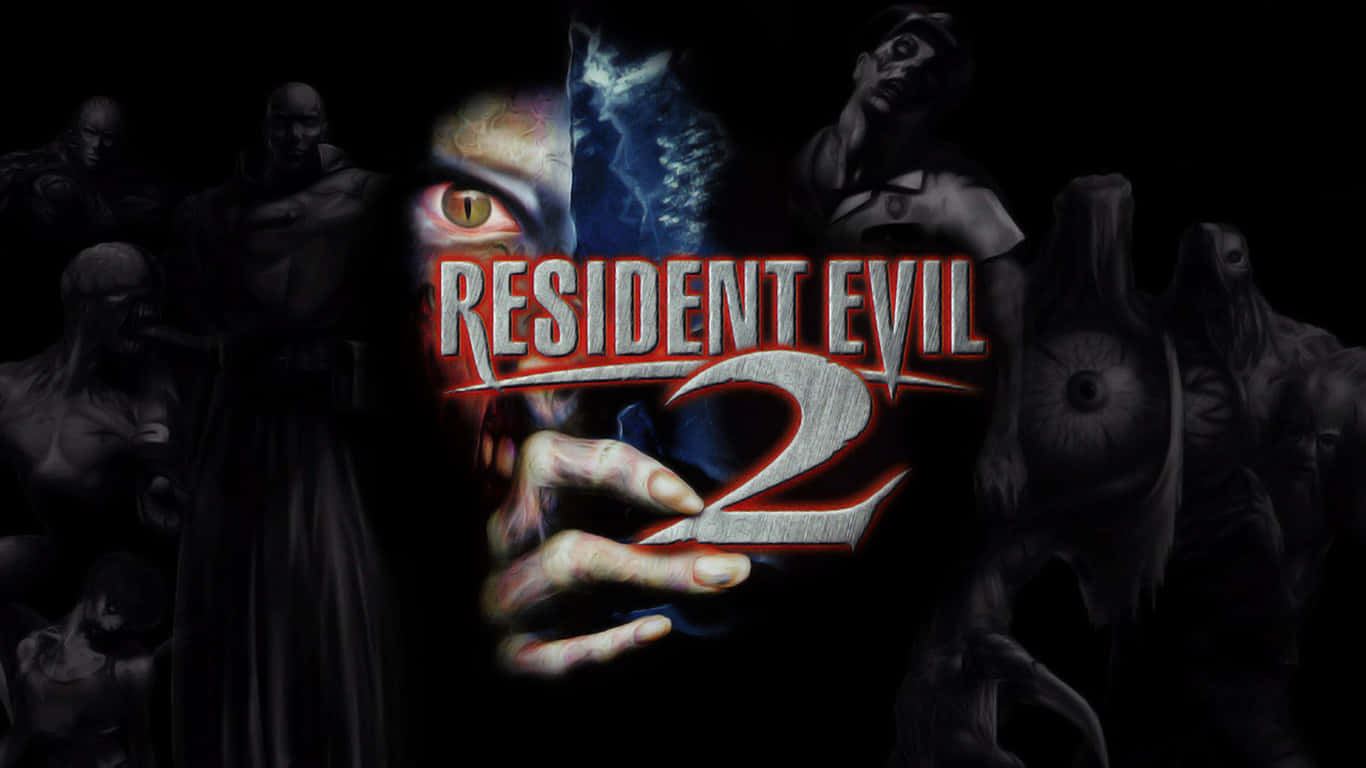 1366x768 Resident Evil 2 桌布 壁紙 — 一個黑暗恐怖遊戲標誌，有一個發光的眼睛和抓住的手，周圍環繞著怪誕的殭屍人物。